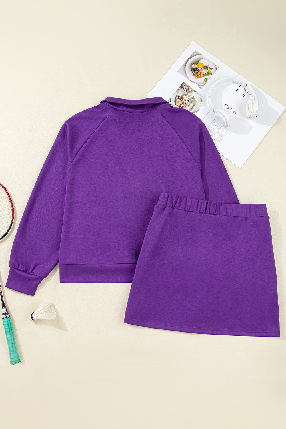 Wisteria Collar Half Zip Pullover Mini Skirt Plus Size 2pcs Set-Plus Size/Plus Size Loungewear-[Adult]-[Female]-2022 Online Blue Zone Planet