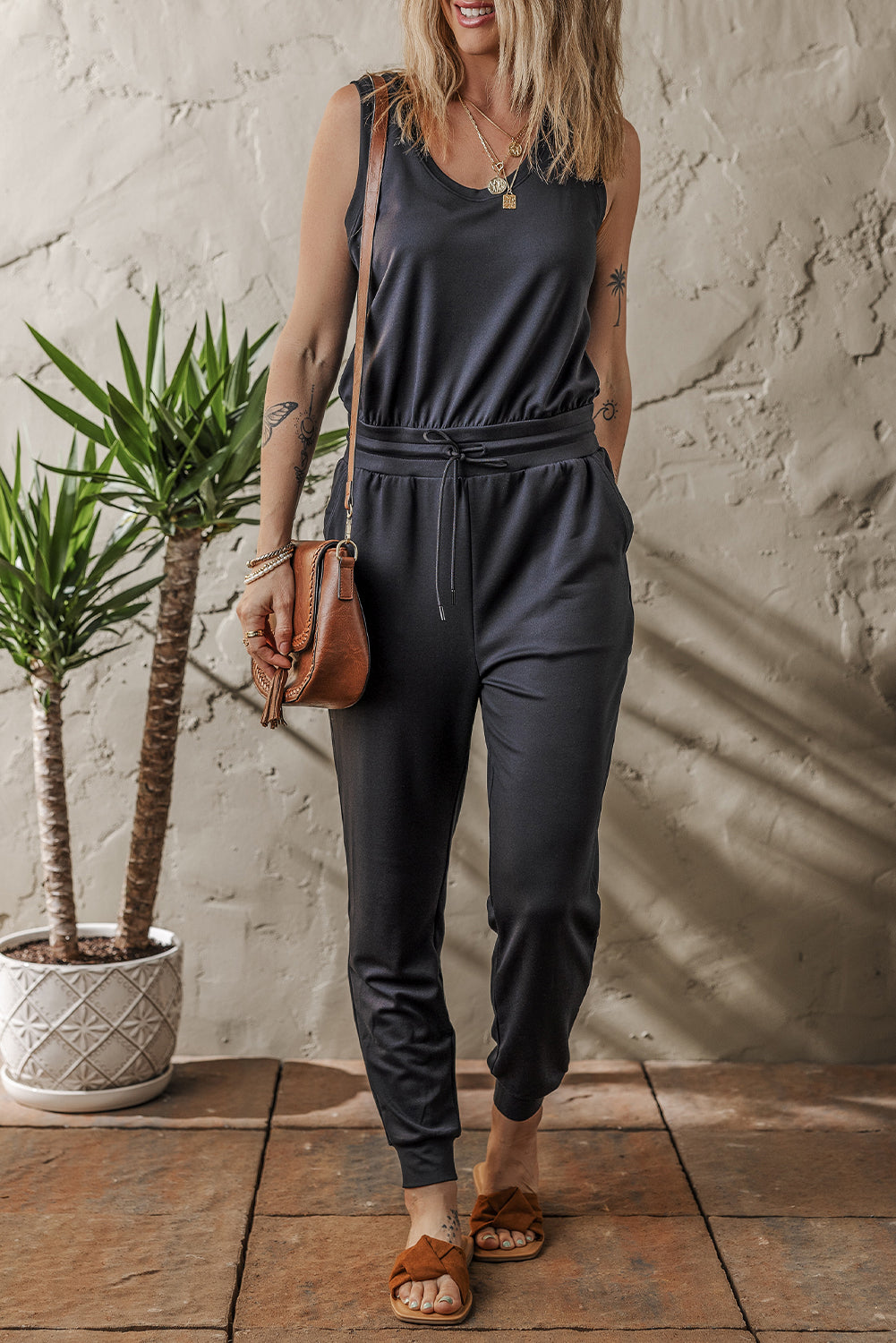 Black Casual Tank Style Tie Waist Pocketed Jogger Jumpsuit-Bottoms/Jumpsuits & Rompers-[Adult]-[Female]-Black-S-2022 Online Blue Zone Planet
