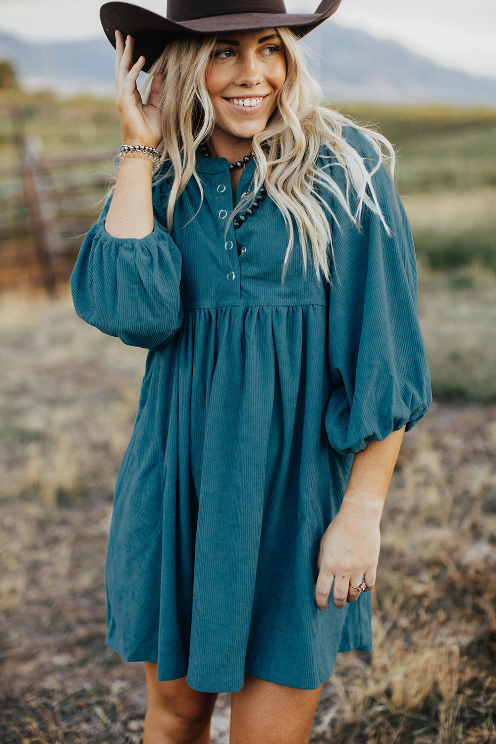 Blue Zone Planet | Blue Corduroy Snap Buttons Empire Waist Bracelet Sleeve Dress-TOPS / DRESSES-[Adult]-[Female]-2022 Online Blue Zone Planet