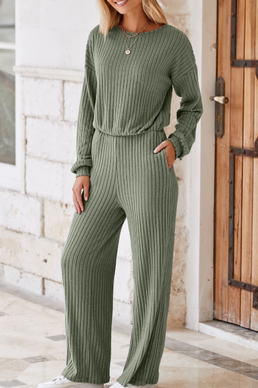 Round Neck Long Sleeve Jumpsuit-TOPS / DRESSES-[Adult]-[Female]-2022 Online Blue Zone Planet