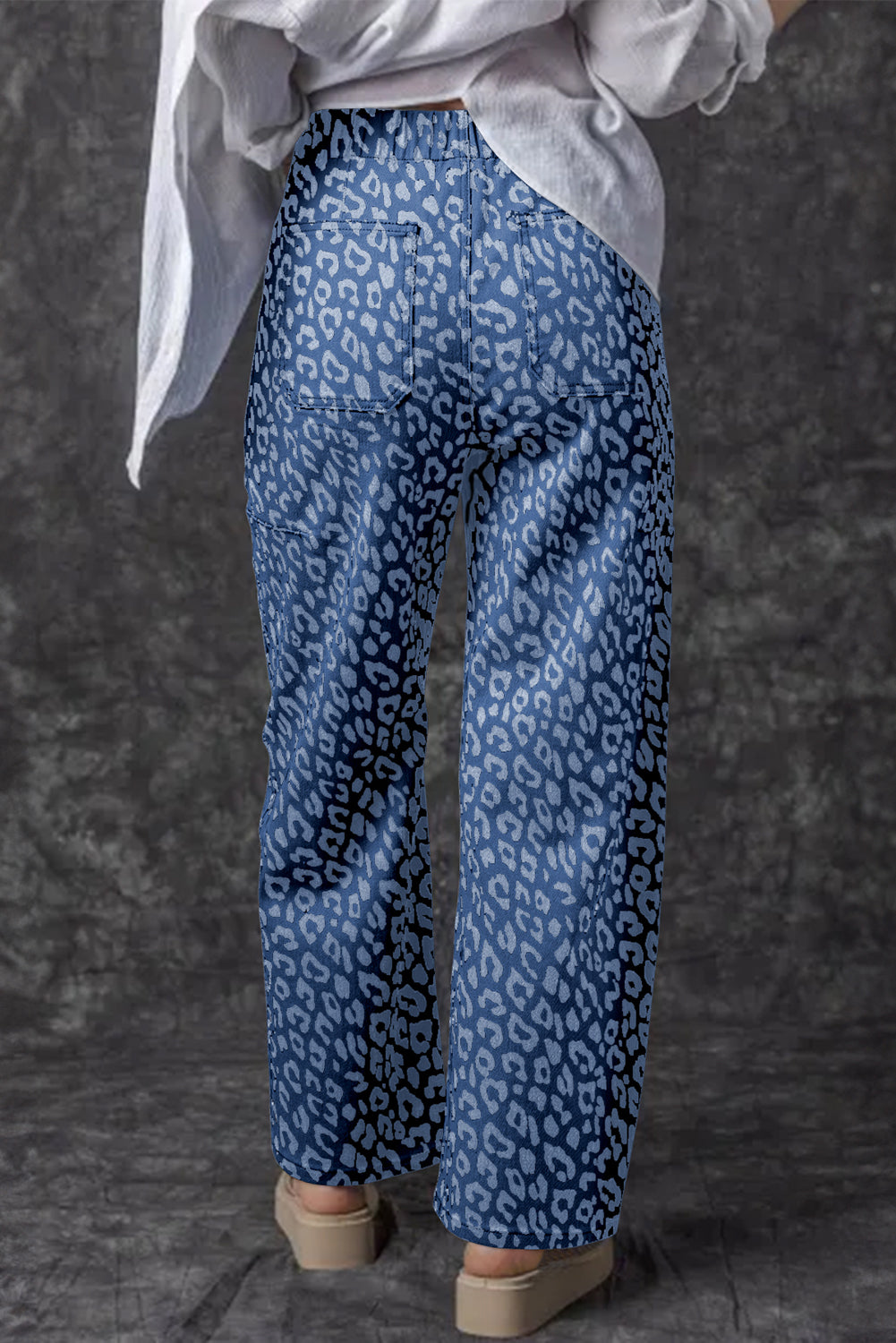 Blue Leopard Printed Drawstring Elastic Waistband Pocketed Wide Leg Jeans-Bottoms/Jeans-[Adult]-[Female]-2022 Online Blue Zone Planet