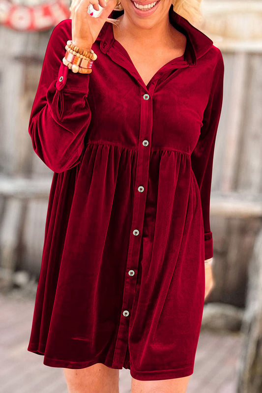 Blue Zone Planet | Fiery Red Long Sleeve Ruffle Velvet Button Up Dress-TOPS / DRESSES-[Adult]-[Female]-Red-S-2022 Online Blue Zone Planet