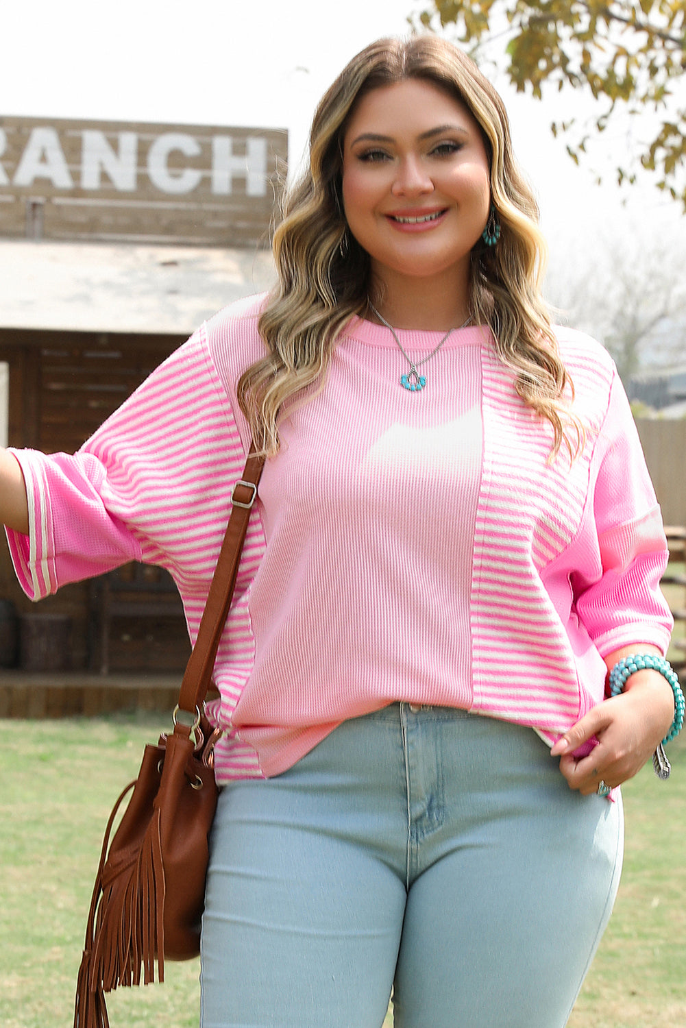Pink Stripe Patchwork Colorblock Plus Size T Shirt-Plus Size/Plus Size Tops/Plus Size Tops & Tees-[Adult]-[Female]-2022 Online Blue Zone Planet