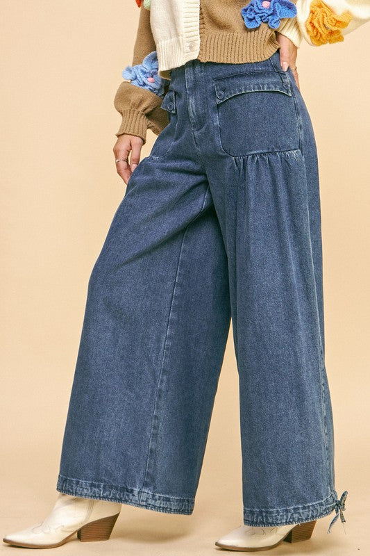 Davi & Dani Drawstring Hem Wide Leg Mid Rise Jeans-BOTTOM SIZES SMALL MEDIUM LARGE-[Adult]-[Female]-2022 Online Blue Zone Planet