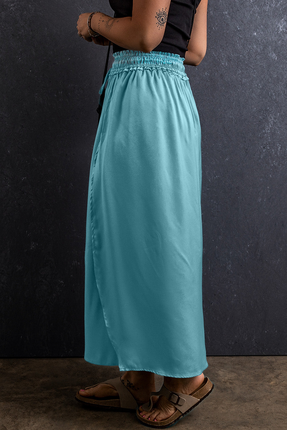 Peacock Blue Drawstring Split Side Flowy Long Skirt-Sale (50% OFF)/30% OFF-[Adult]-[Female]-2022 Online Blue Zone Planet