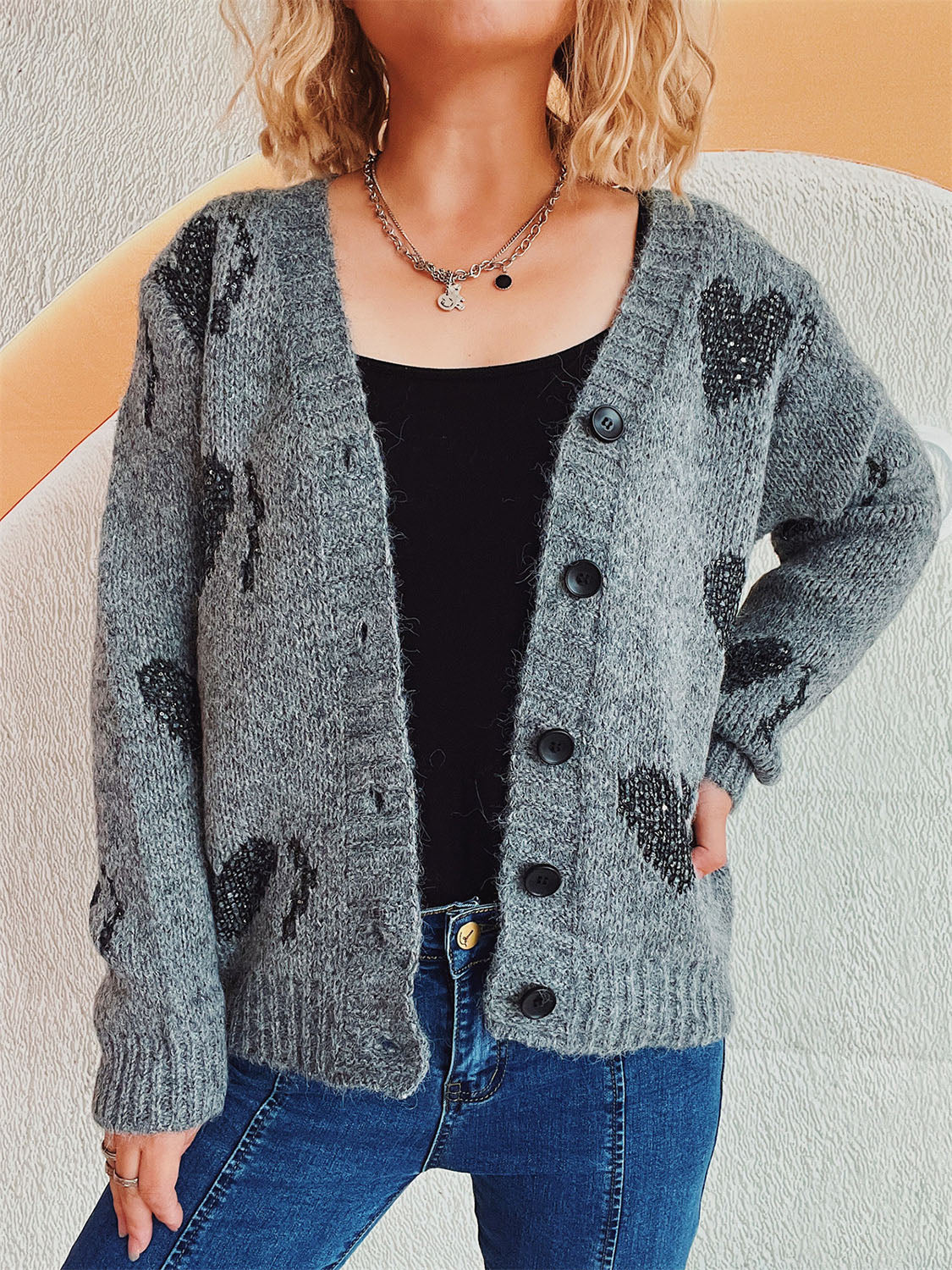 Heart Button Up Long Sleeve Cardigan-TOPS / DRESSES-[Adult]-[Female]-Dark Gray-One Size-2022 Online Blue Zone Planet