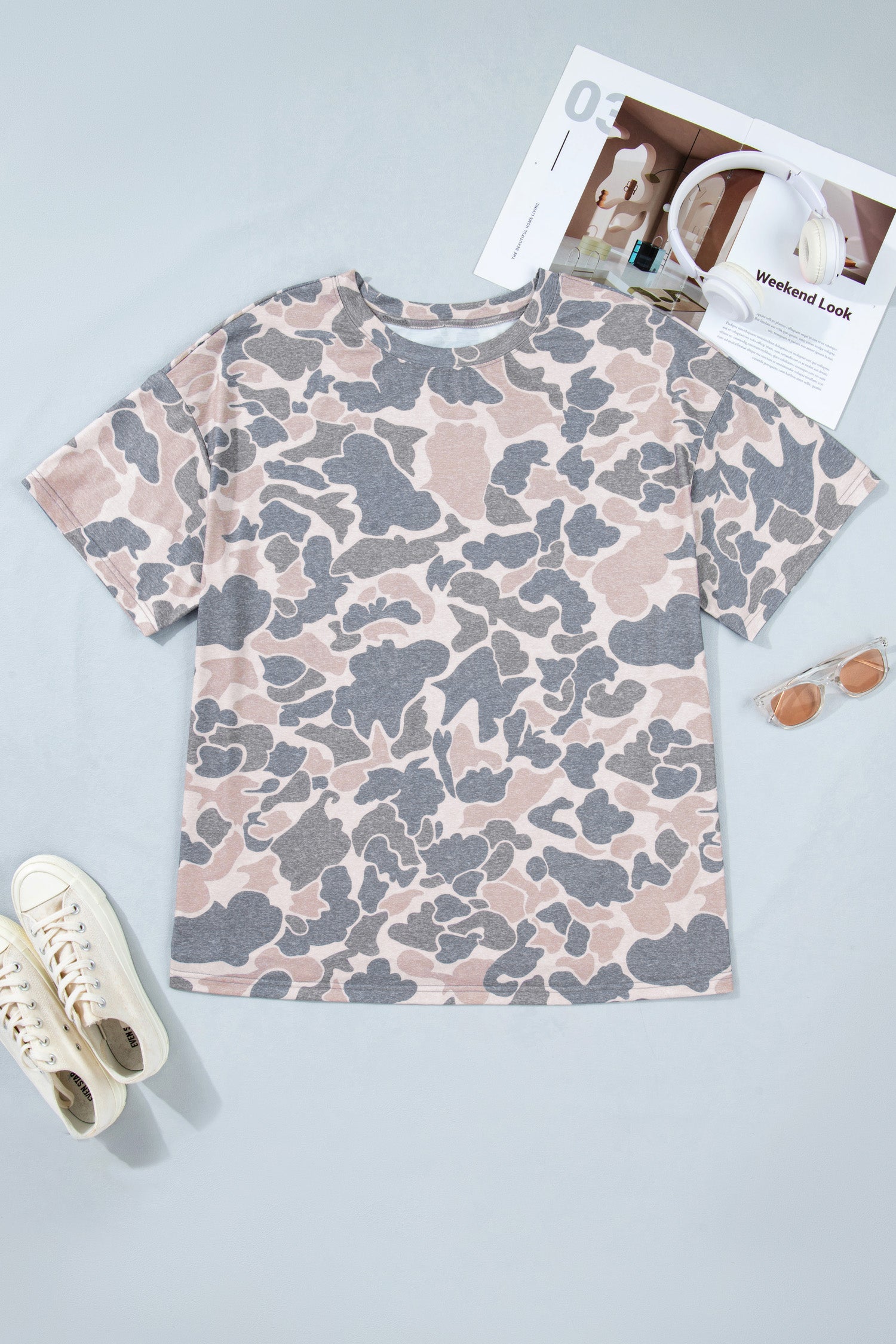 Multicolour Retro Camouflage Print Plus Size T Shirt-Plus Size/Plus Size Tops/Plus Size Tops & Tees-[Adult]-[Female]-2022 Online Blue Zone Planet