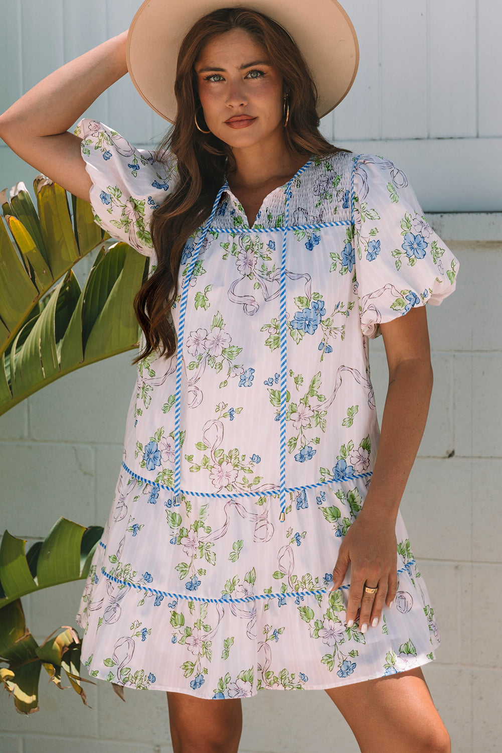 Pink Floral Striped Print Contrast Trim Tie Split Neck Mini Dress-TOPS / DRESSES-[Adult]-[Female]-2022 Online Blue Zone Planet