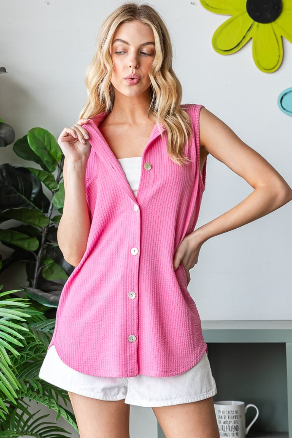 Blue Zone Planet | Heimish Full Size Texture Button Up Sleeveless Top-TOPS / DRESSES-[Adult]-[Female]-Pink-S-2022 Online Blue Zone Planet