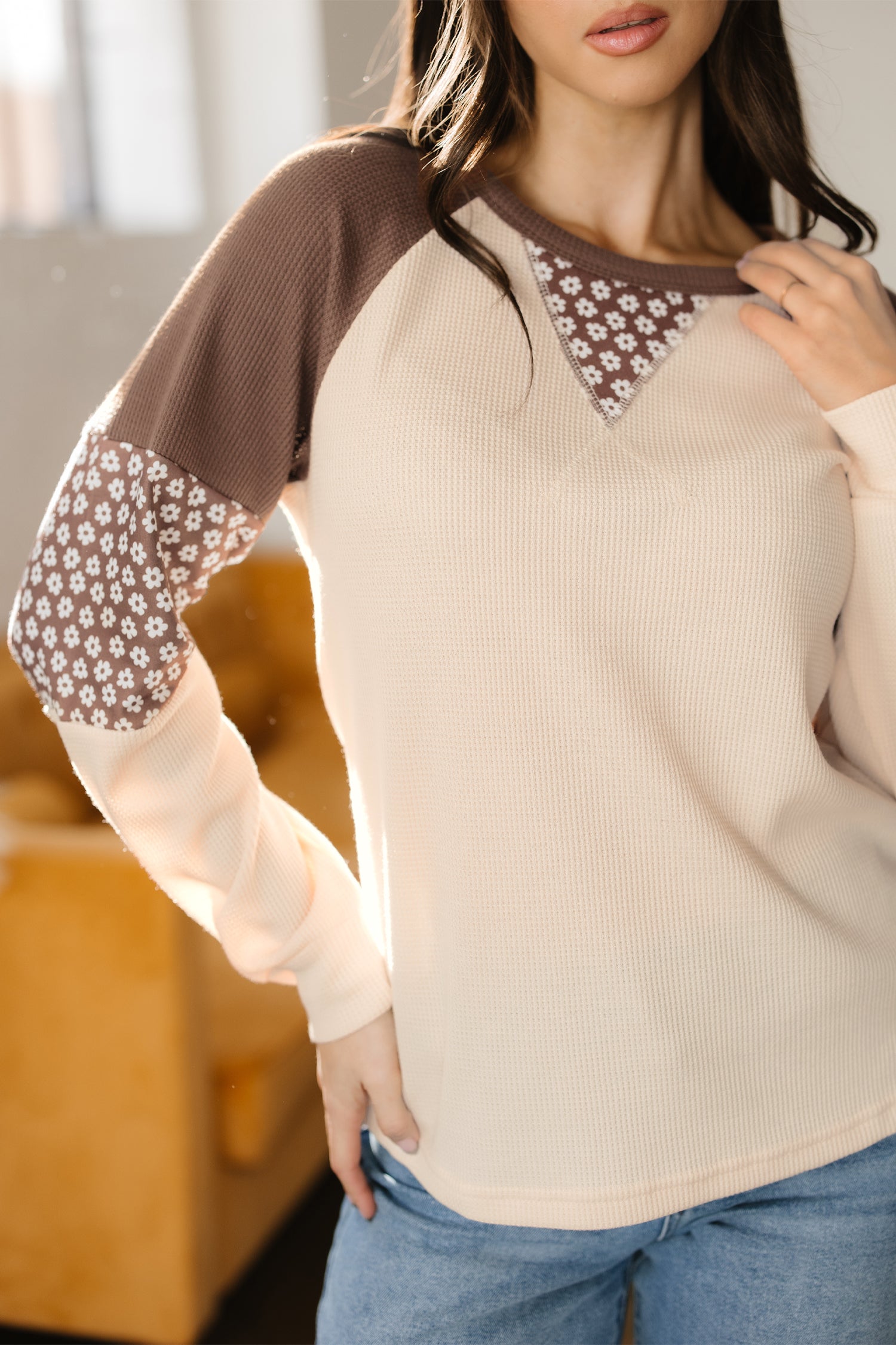 Brown Floral Print Patchwork Color Block Long Sleeve Top-Tops/Long Sleeve Tops-[Adult]-[Female]-2022 Online Blue Zone Planet