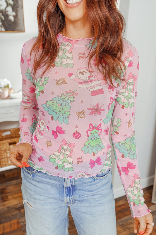 Pink Abstract Print Stand Neck Slim Fit Long Sleeve Top-Tops/Long Sleeve Tops-[Adult]-[Female]-Pink-S-2022 Online Blue Zone Planet