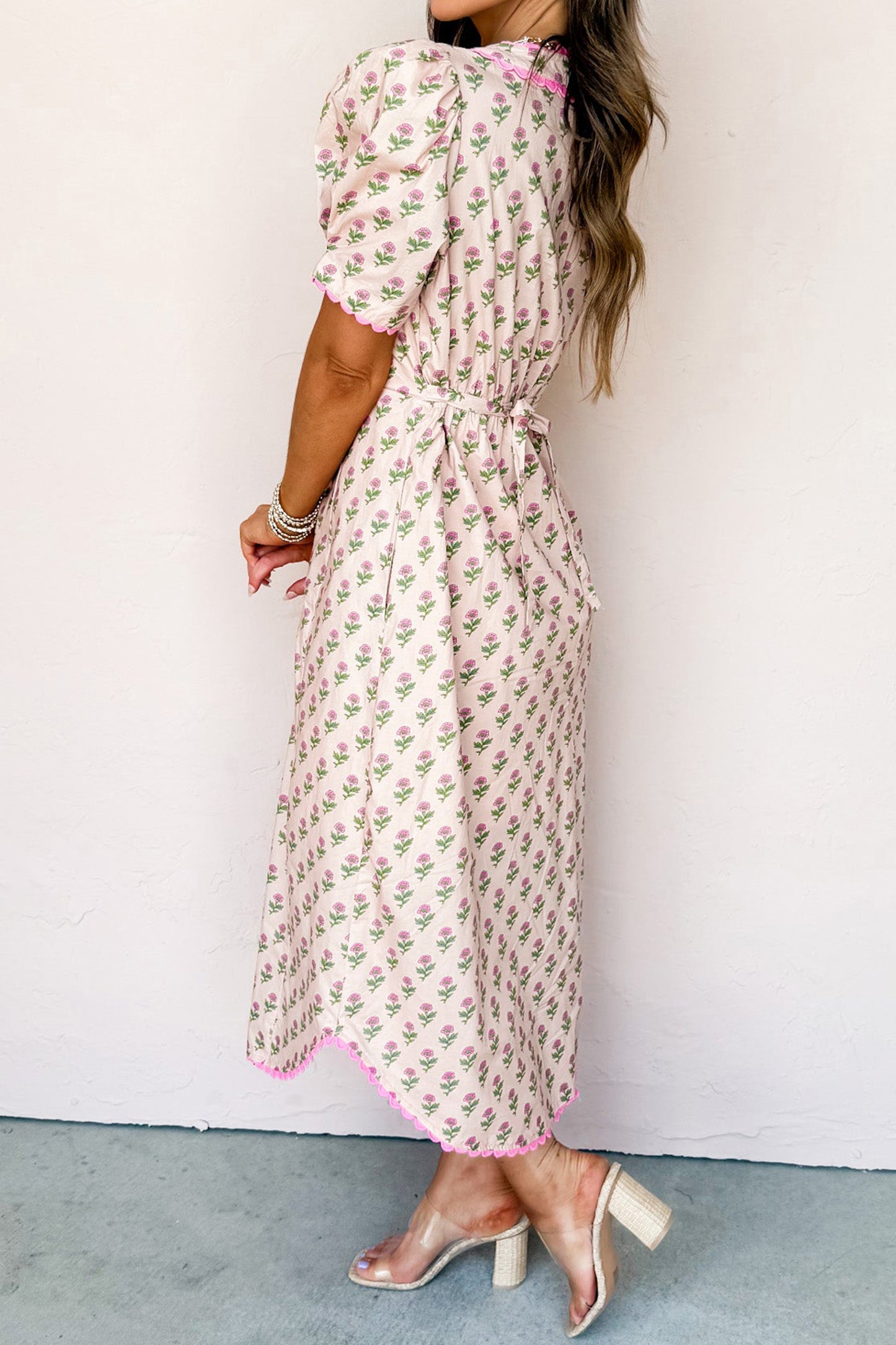 Pink Floral Print V Neck Scallop Trim Button Front Short Sleeve Long Dress-Dresses/Floral Dresses-[Adult]-[Female]-2022 Online Blue Zone Planet