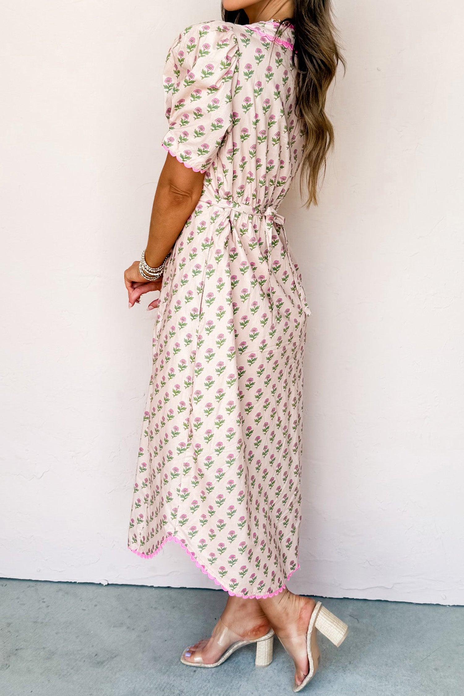 Pink Floral Print V Neck Scallop Trim Button Front Short Sleeve Long Dress-Dresses/Floral Dresses-[Adult]-[Female]-2022 Online Blue Zone Planet