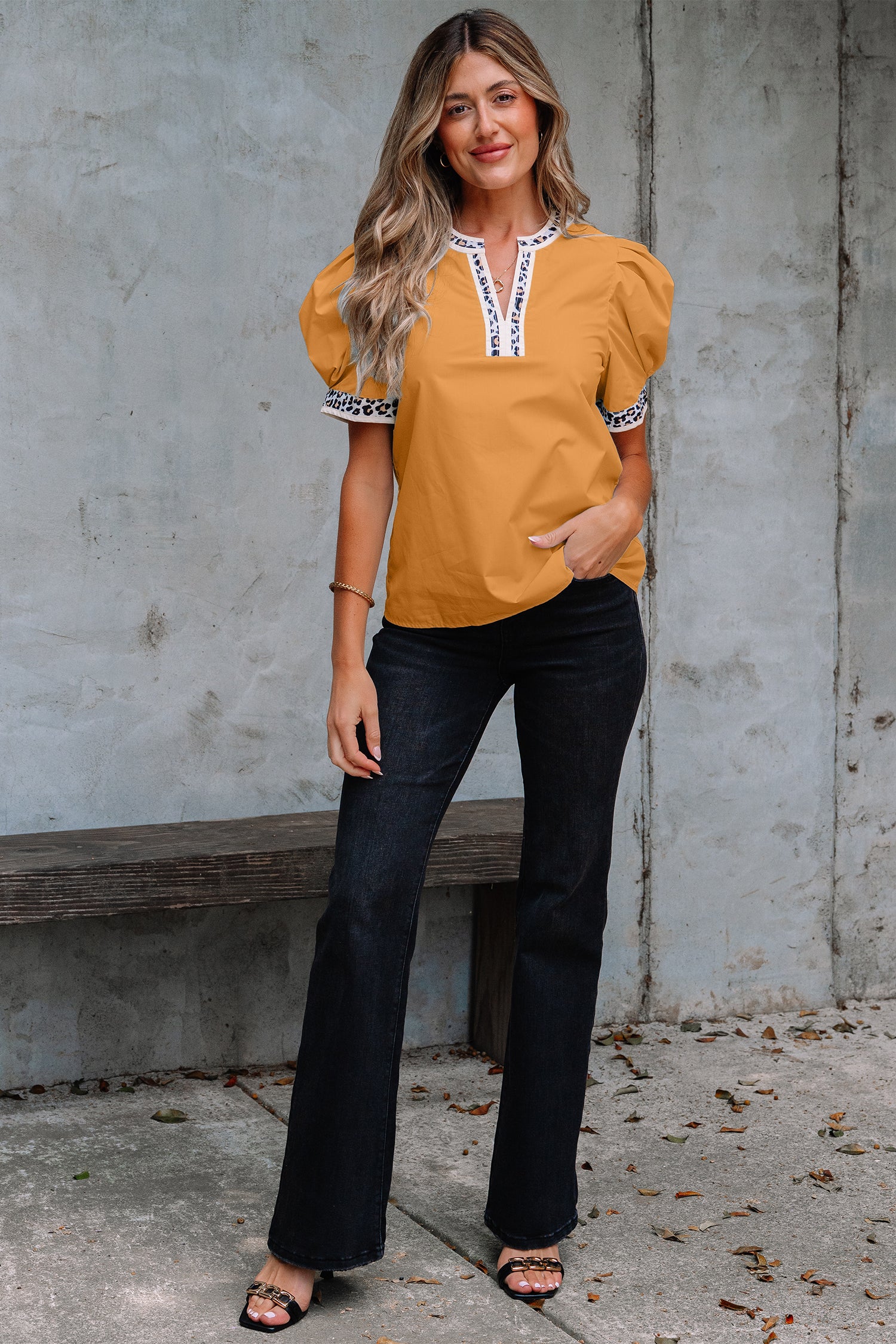 Buckskin Contrast Leopard Trim Split Neck Puff Sleeve Blouse-Tops/Blouses & Shirts-[Adult]-[Female]-2022 Online Blue Zone Planet