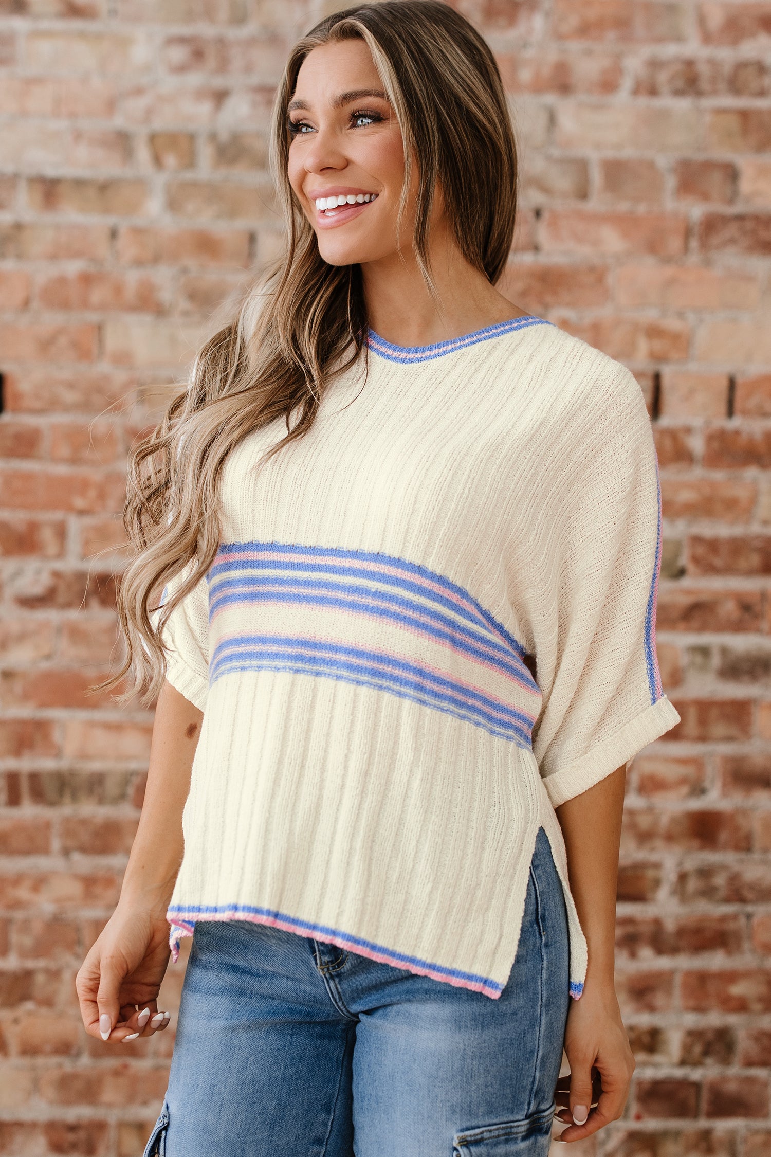 White Striped V Neck Dolman Sleeve Rib Knit Oversized Sweater with Slits-TOPS / DRESSES-[Adult]-[Female]-2022 Online Blue Zone Planet