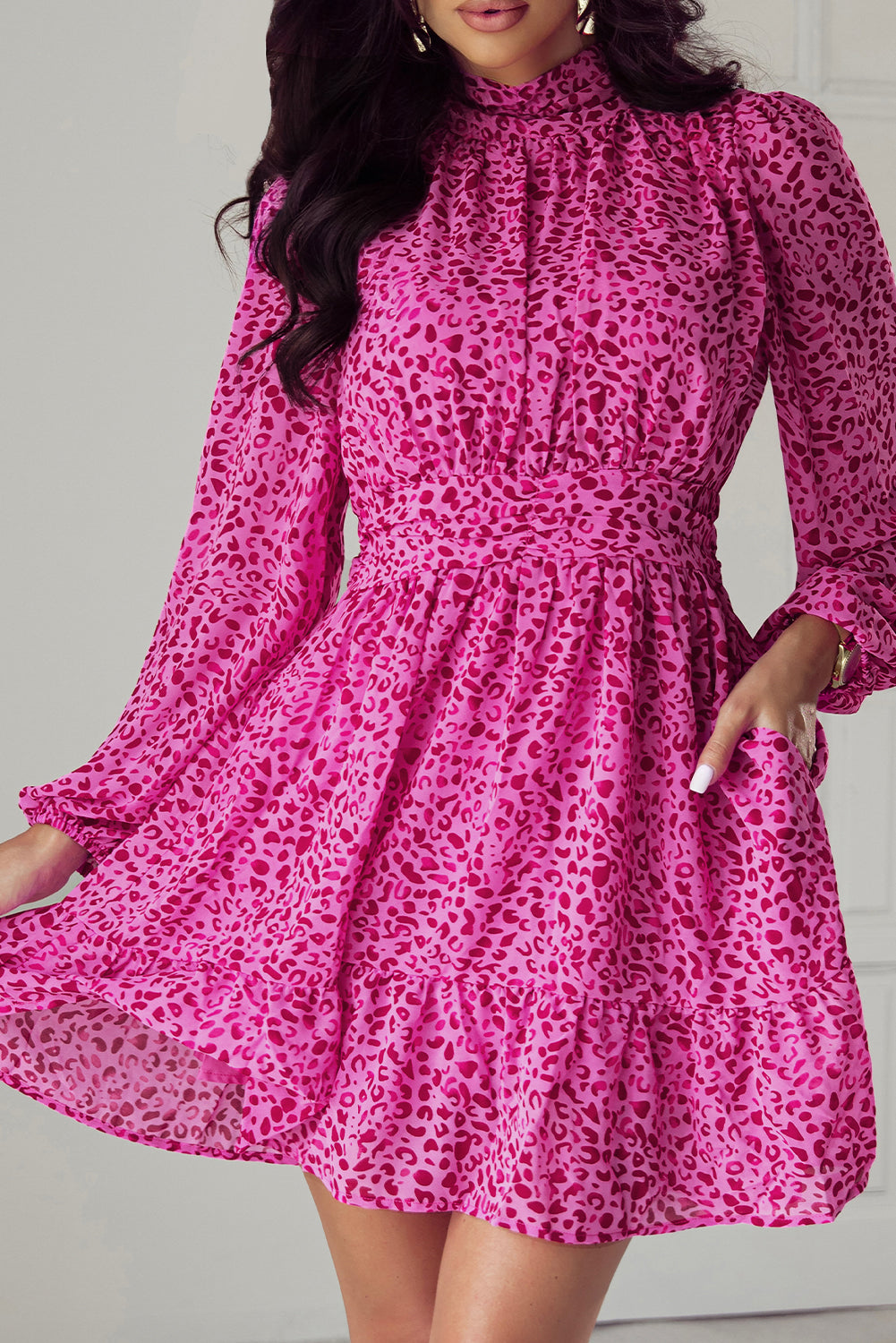 Blue Zone Planet | Rose Leopard Puff Sleeve Knotted High Neck Ruffle Dress-TOPS / DRESSES-[Adult]-[Female]-2022 Online Blue Zone Planet