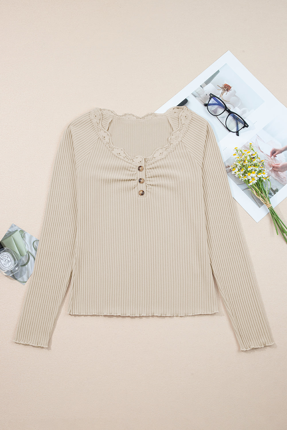 Beige Lace Neckline Button Decor Lettuce Edge Long Sleeve Ribbed Top-Tops/Long Sleeve Tops-[Adult]-[Female]-2022 Online Blue Zone Planet