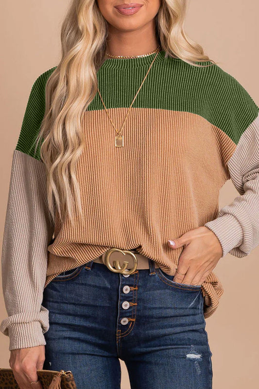 Green Color Block Long Sleeve Ribbed Loose Top-Sale (50% OFF)/30% OFF-[Adult]-[Female]-Green-S-2022 Online Blue Zone Planet