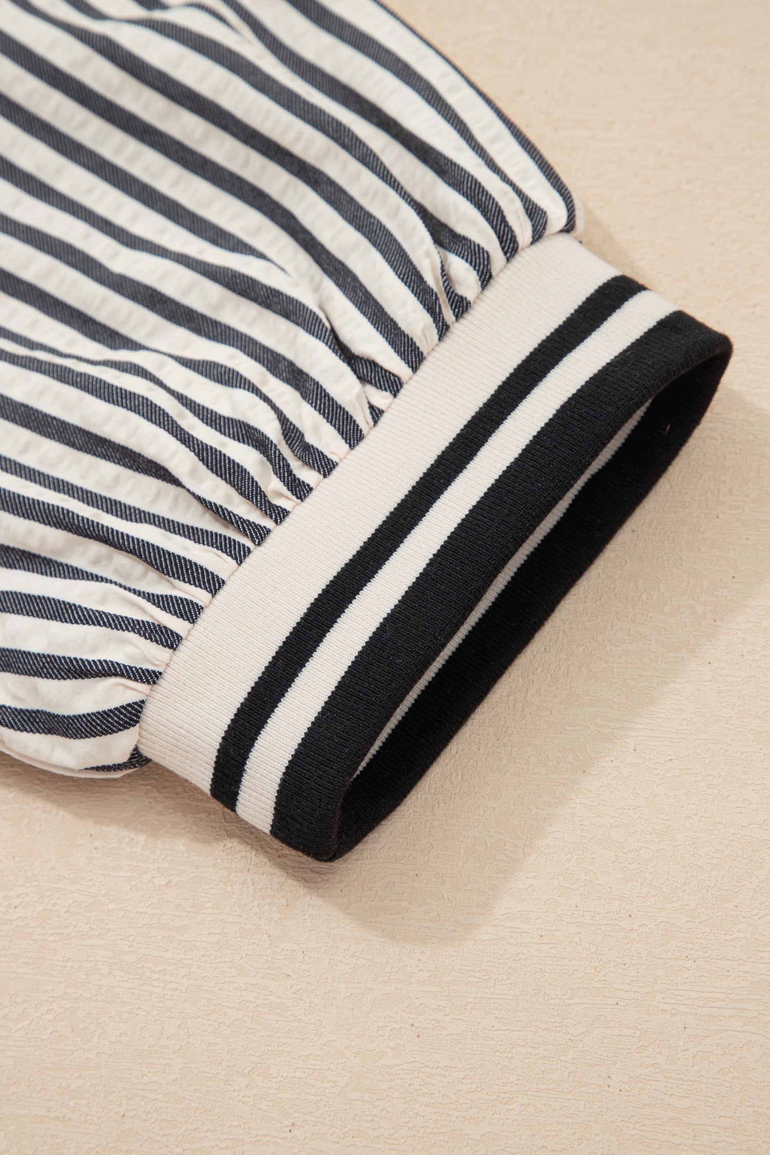 Black Stripe Polo Collar Half Zip Short Puff Sleeve Blouse-Tops/Blouses & Shirts-[Adult]-[Female]-2022 Online Blue Zone Planet