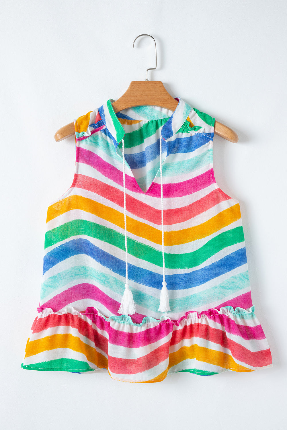 Rose Red Rainbow Stripes Ruffled Hem Drawstring V Neck Tank Top-Tops/Tank Tops-[Adult]-[Female]-2022 Online Blue Zone Planet