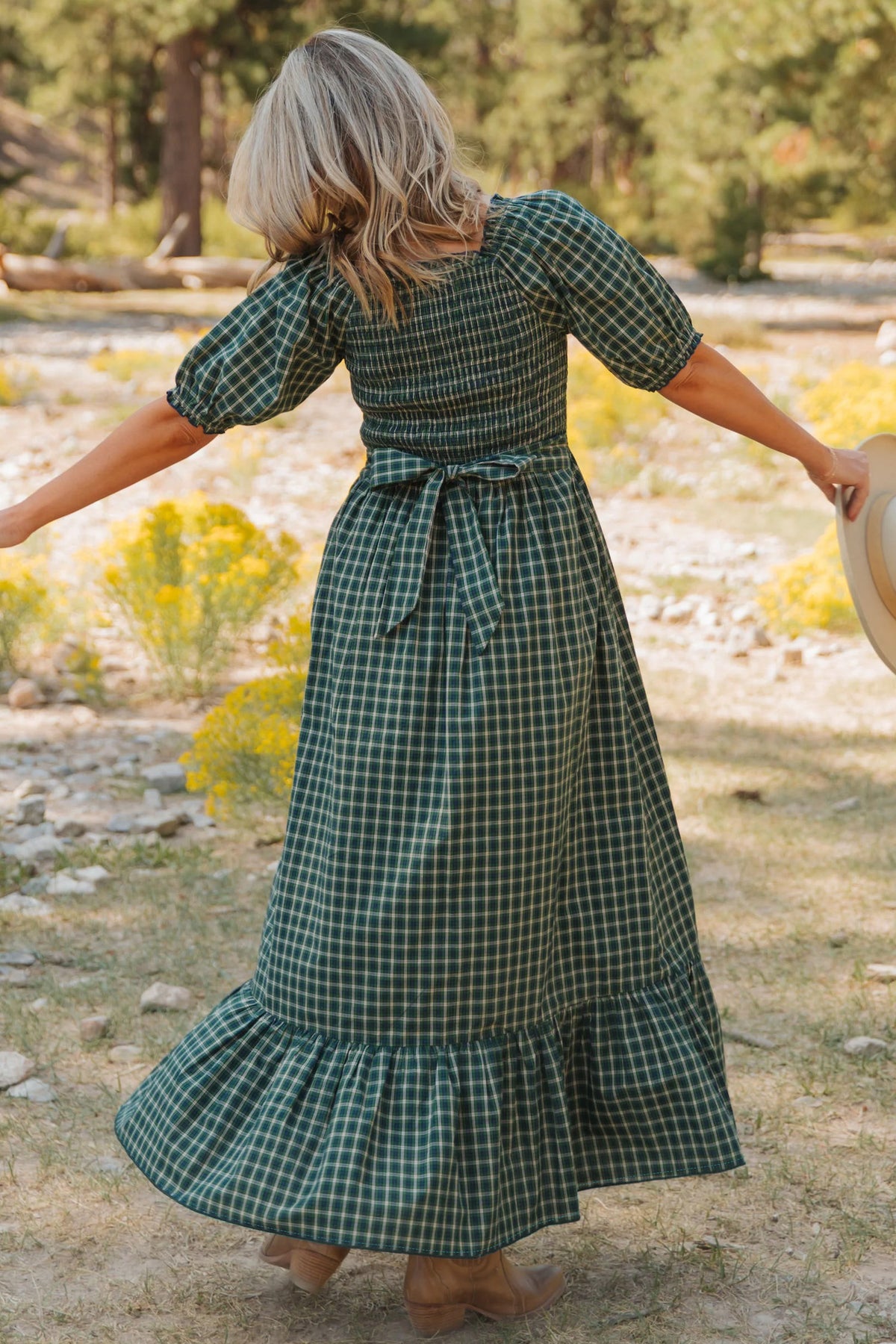 Green Plaid Square Neck Shirred High Waist Ruffle Hem Dress-TOPS / DRESSES-[Adult]-[Female]-2022 Online Blue Zone Planet