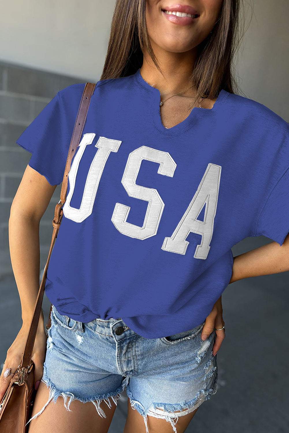Blue Zone Planet |  Black USA Lettering Patch Notched Neck Loose Tee Blue Zone Planet