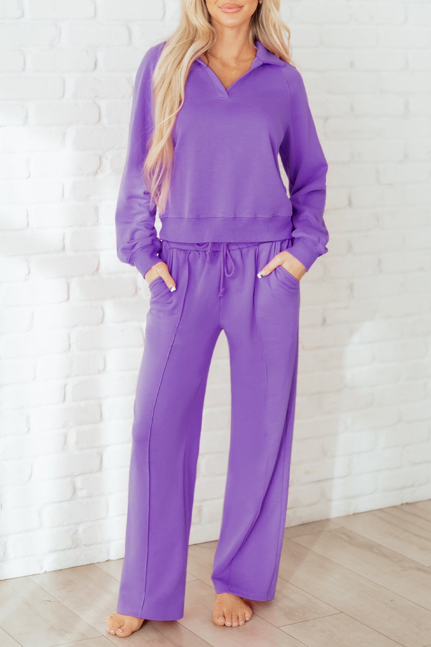 Wisteria Solid Color Collared Pullover and Central Seam Pants Set-Two Piece Sets/Pant Sets-[Adult]-[Female]-2022 Online Blue Zone Planet