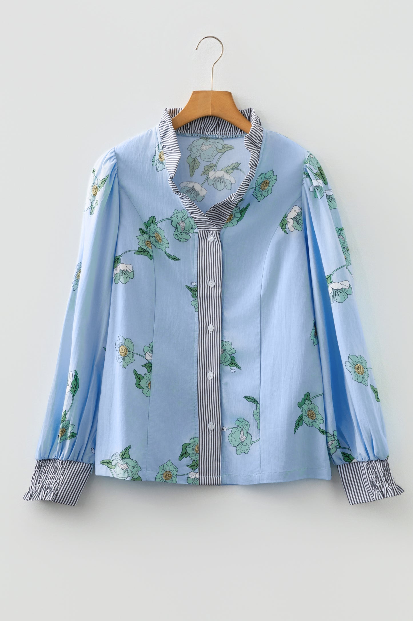 Sky Blue Floral Print Contrast Striped Trim Ruffled V Neck Fall Blouse-Tops/Blouses & Shirts-[Adult]-[Female]-2022 Online Blue Zone Planet