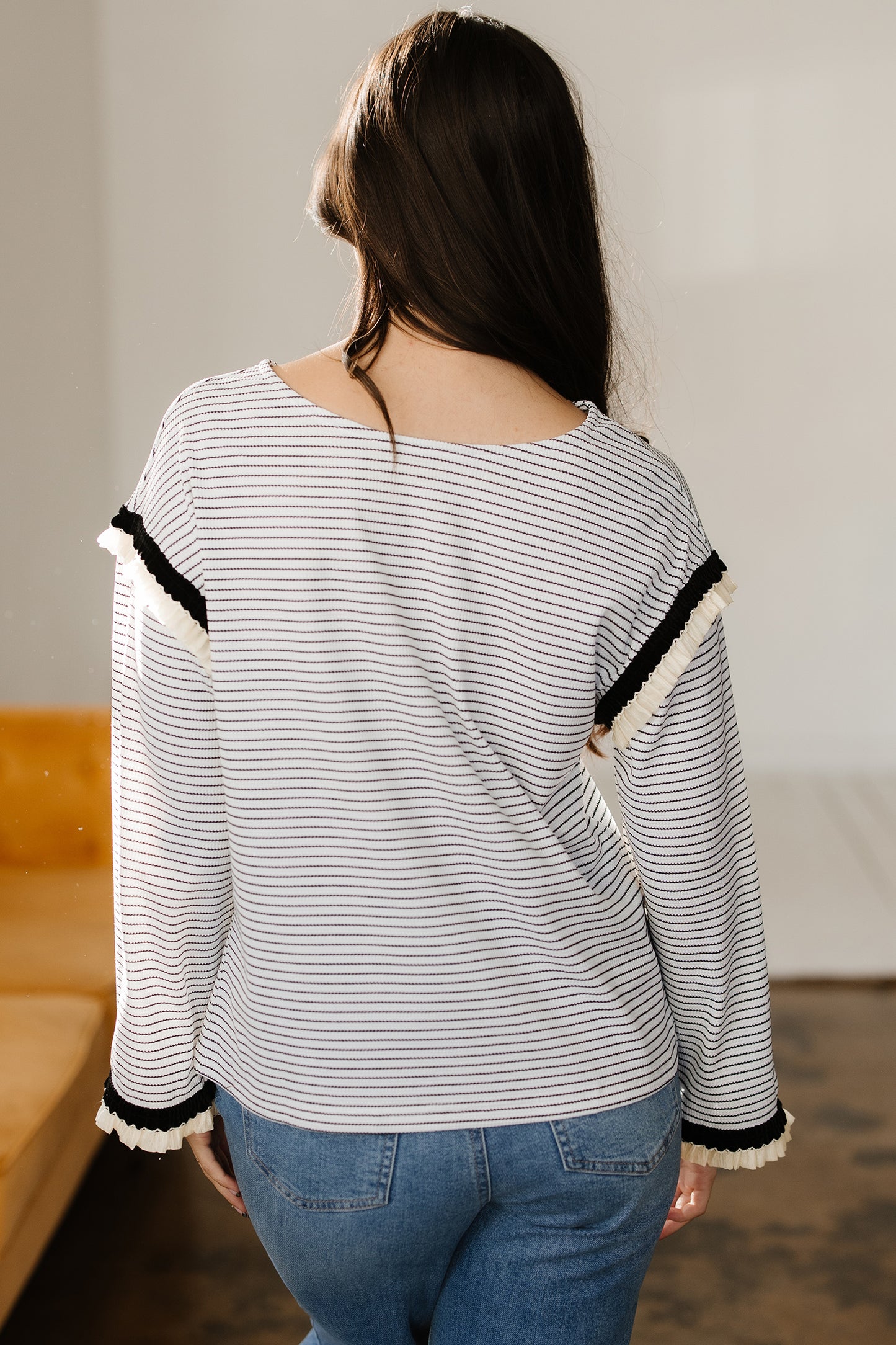 White Stripe Contrasted Ruffle Trim Loose Long Sleeve Top-Tops/Long Sleeve Tops-[Adult]-[Female]-2022 Online Blue Zone Planet