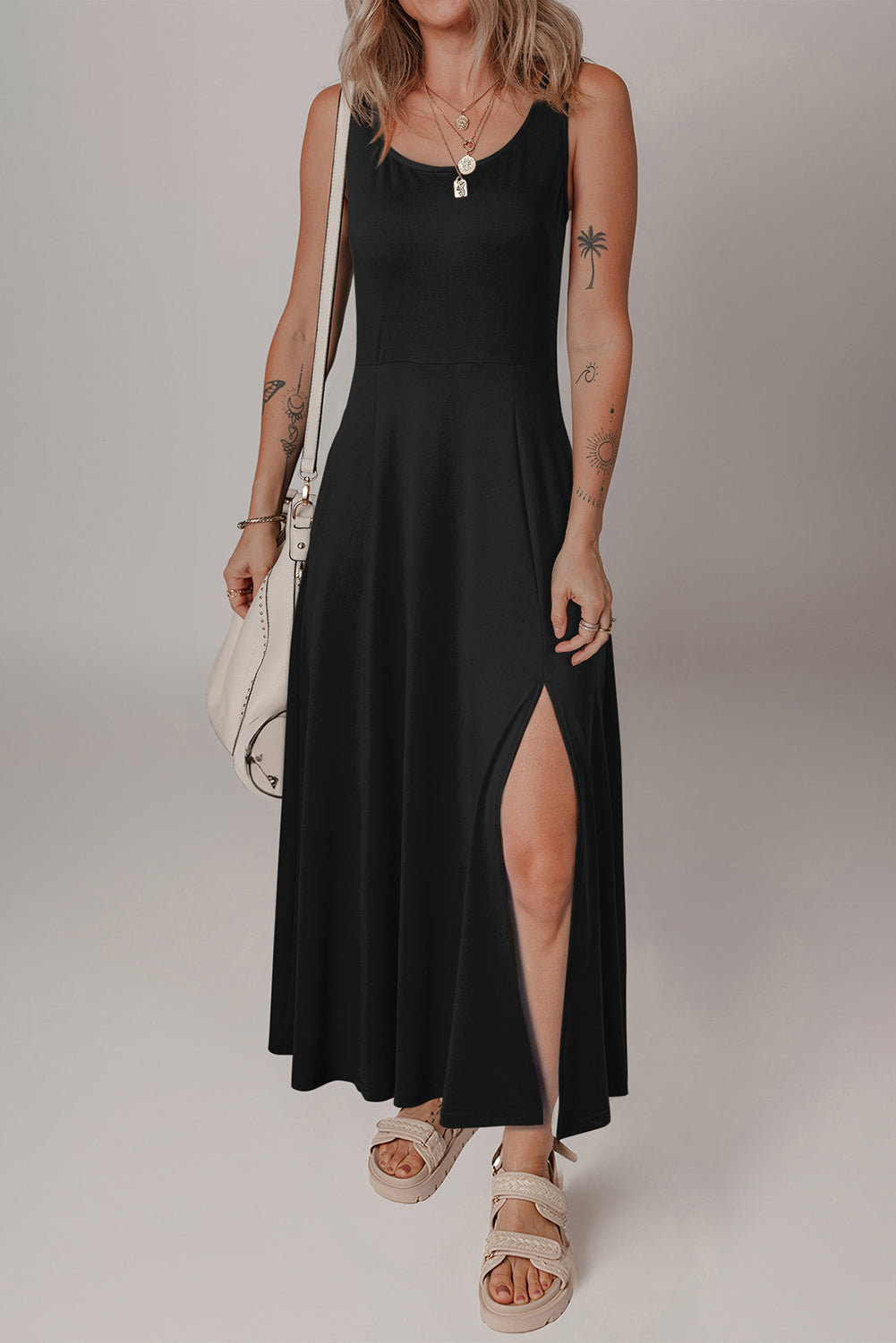 Black Sleeveless Scoop Neck Flared Split Midi Dress-Dresses/Midi Dresses-[Adult]-[Female]-Black-S-2022 Online Blue Zone Planet