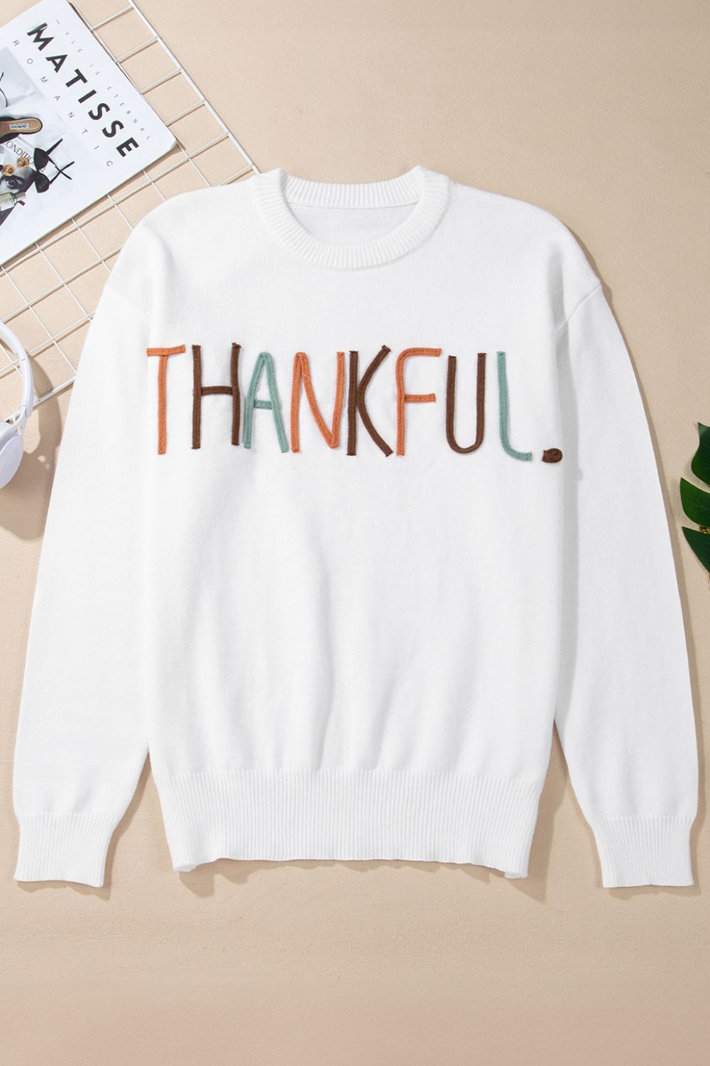 THANKFUL Round Neck Drop Shoulder Sweater-TOPS / DRESSES-[Adult]-[Female]-2022 Online Blue Zone Planet