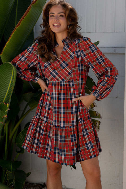 Red Plaid Print Frilly Collar Long Sleeve Shift Mini Dress-TOPS / DRESSES-[Adult]-[Female]-2022 Online Blue Zone Planet