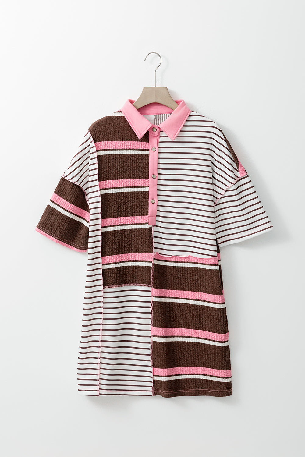 Brown Stripe Striped Textured Patchwork Buttoned T Shirt Dress Blue Zone Planet