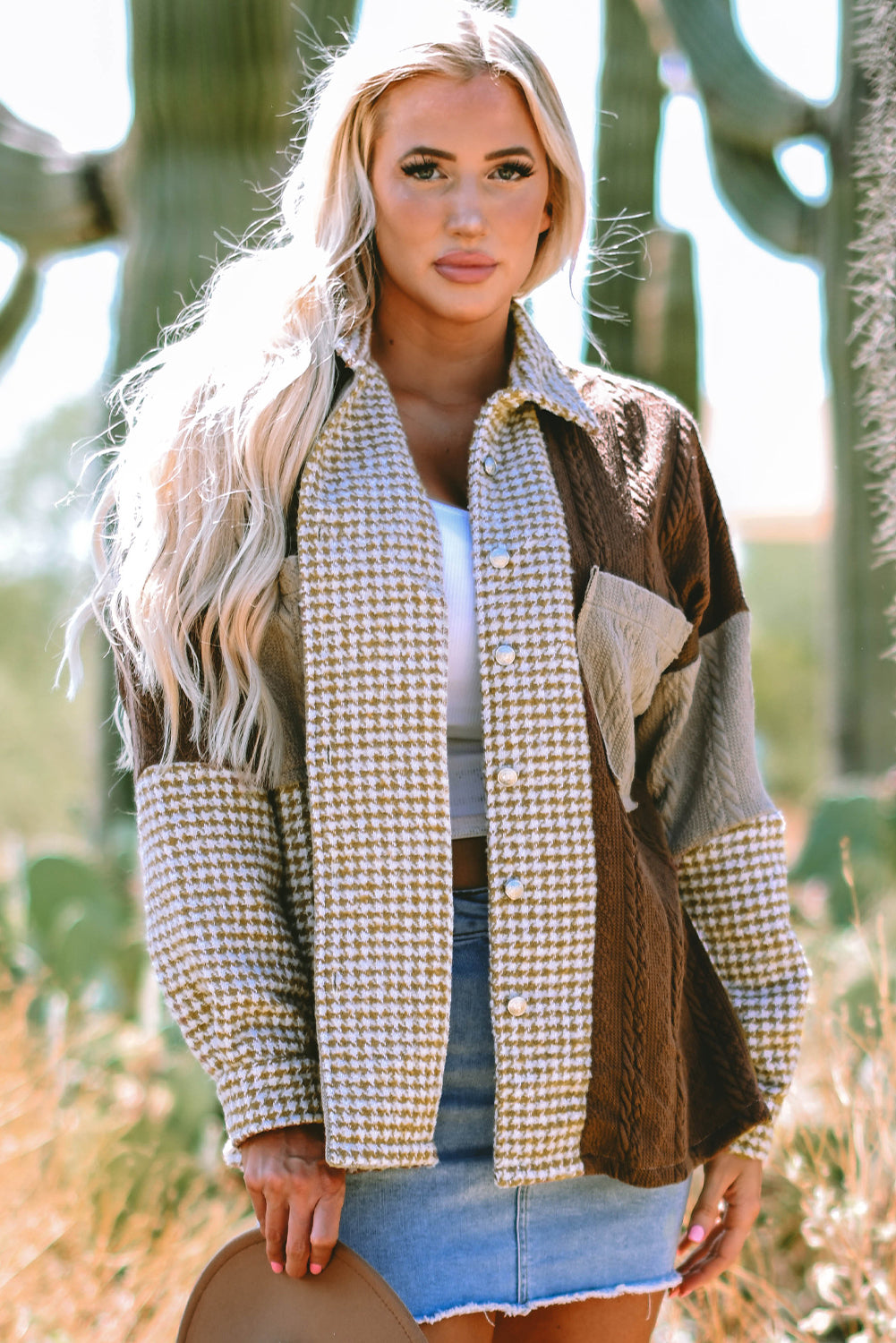 Khaki Houndstooth Color Contrast Textured Patchwork Loose Shacket-Outerwear/Jackets-[Adult]-[Female]-Khaki-S-2022 Online Blue Zone Planet