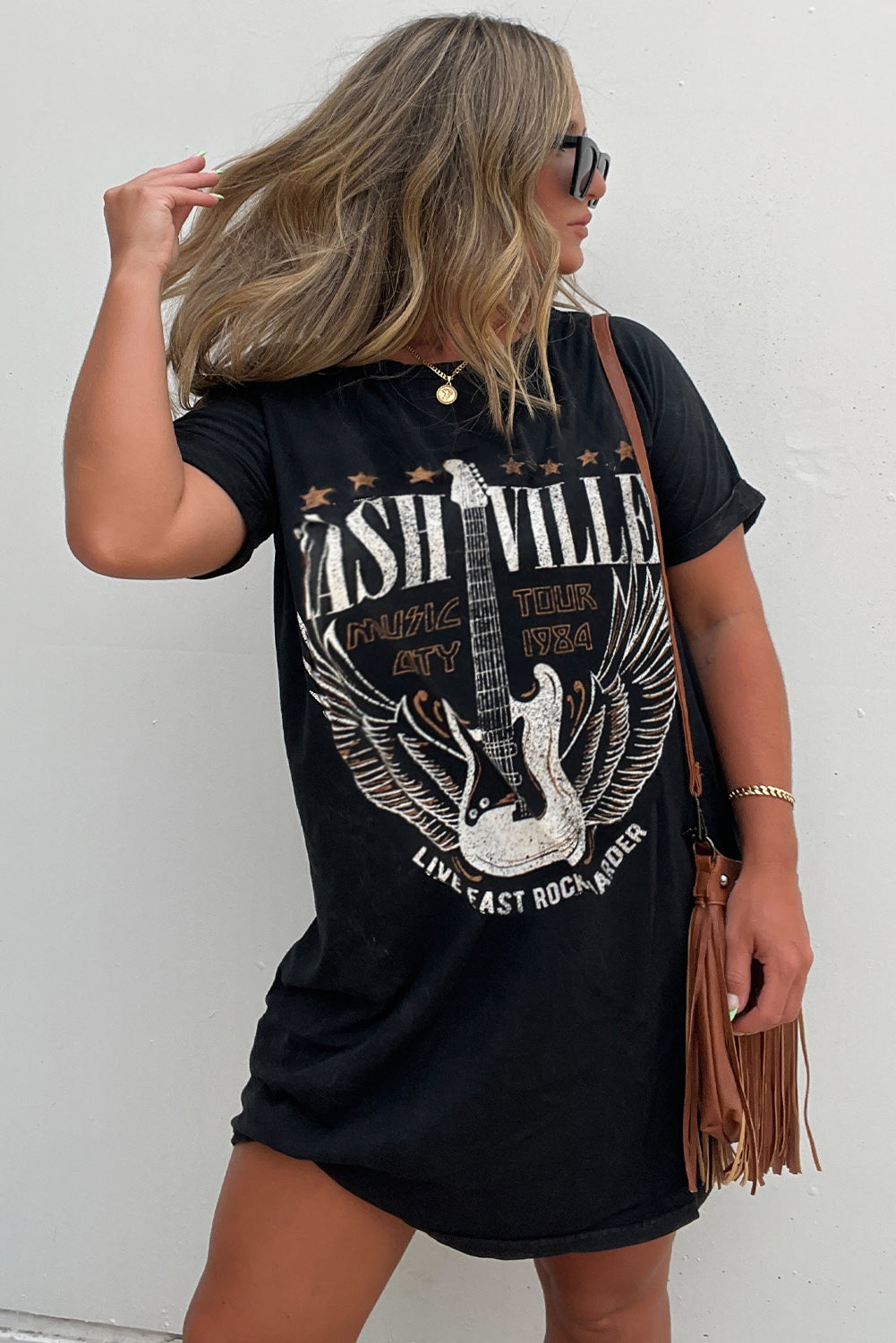 Black Nashville Guitar Print Crew Neck T Shirt Mini Dress-TOPS / DRESSES-[Adult]-[Female]-2022 Online Blue Zone Planet