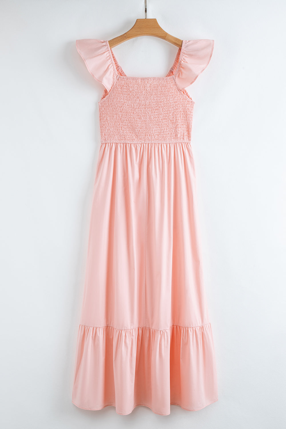 Pink V Neck Flutter Sleeve Smocked Bodice High Waist Ruffle Maxi Dress-Dresses/Maxi Dresses-[Adult]-[Female]-2022 Online Blue Zone Planet