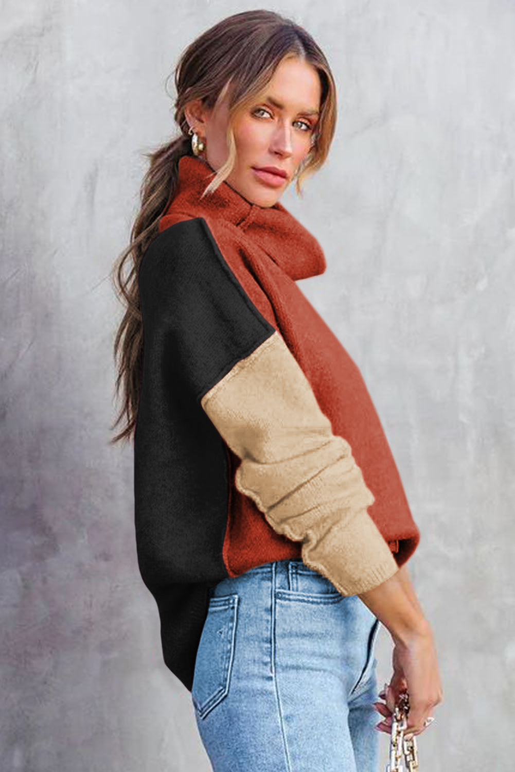 White Color Block Turtle Neck Drop Shoulder Knit Sweater-TOPS / DRESSES-[Adult]-[Female]-2022 Online Blue Zone Planet