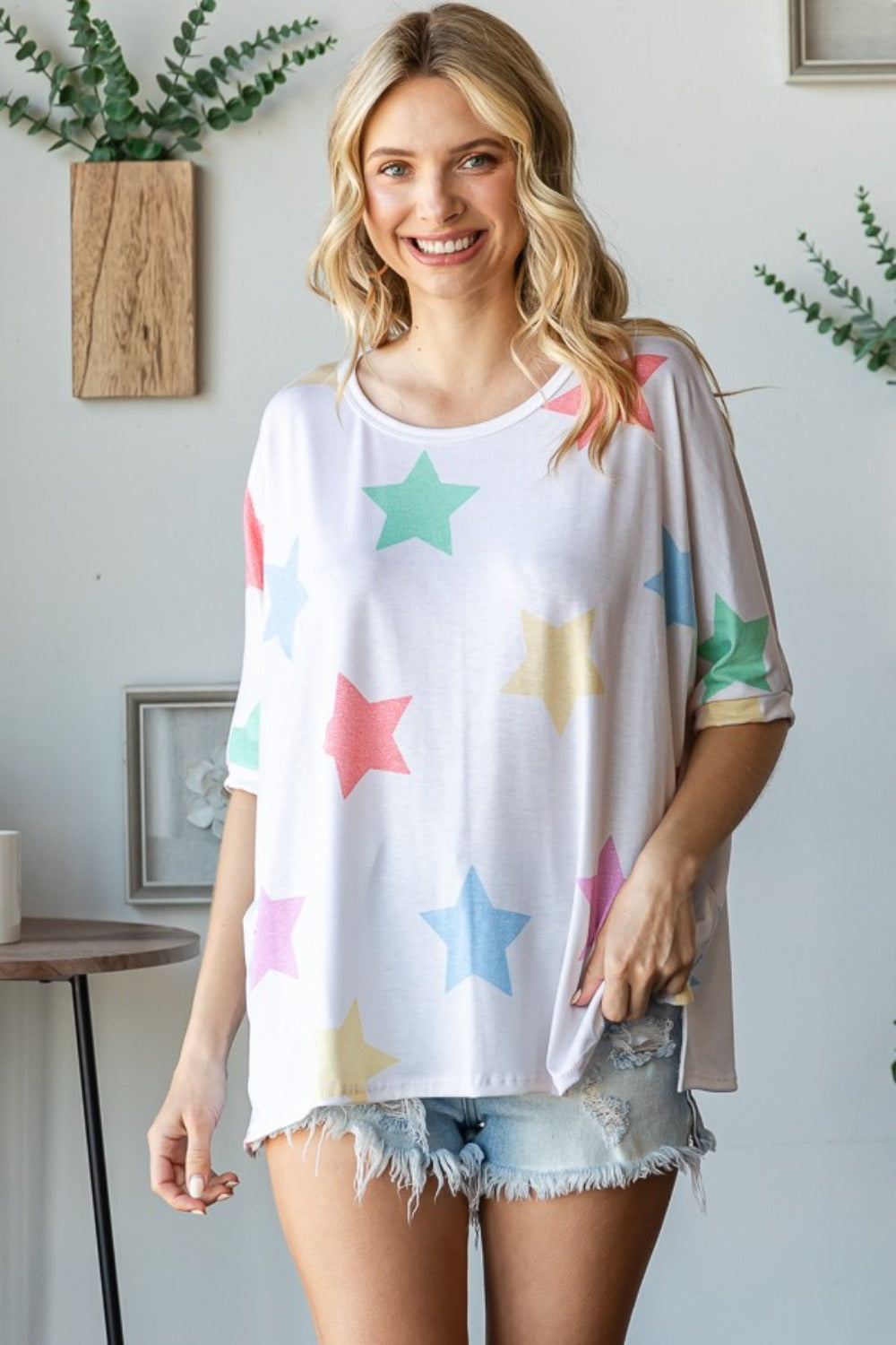 HOPELY Full Size Multi Colored Star Print T-Shirt-TOPS / DRESSES-[Adult]-[Female]-2022 Online Blue Zone Planet