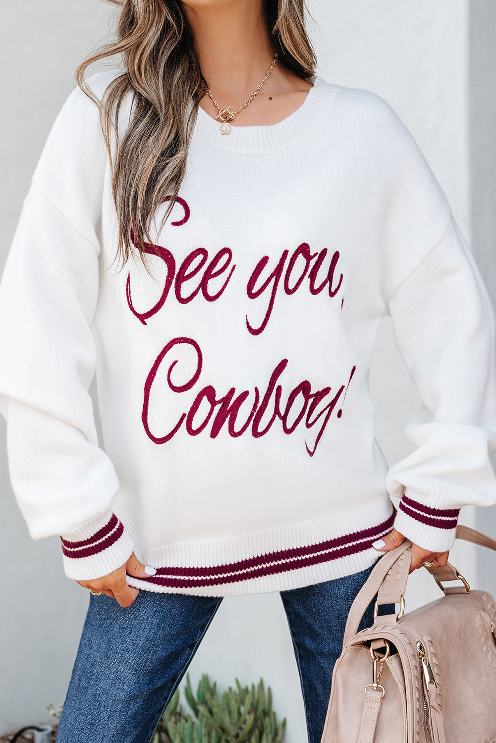 White See You Cowboy Embroidered Western Graphic Sweater-TOPS / DRESSES-[Adult]-[Female]-2022 Online Blue Zone Planet