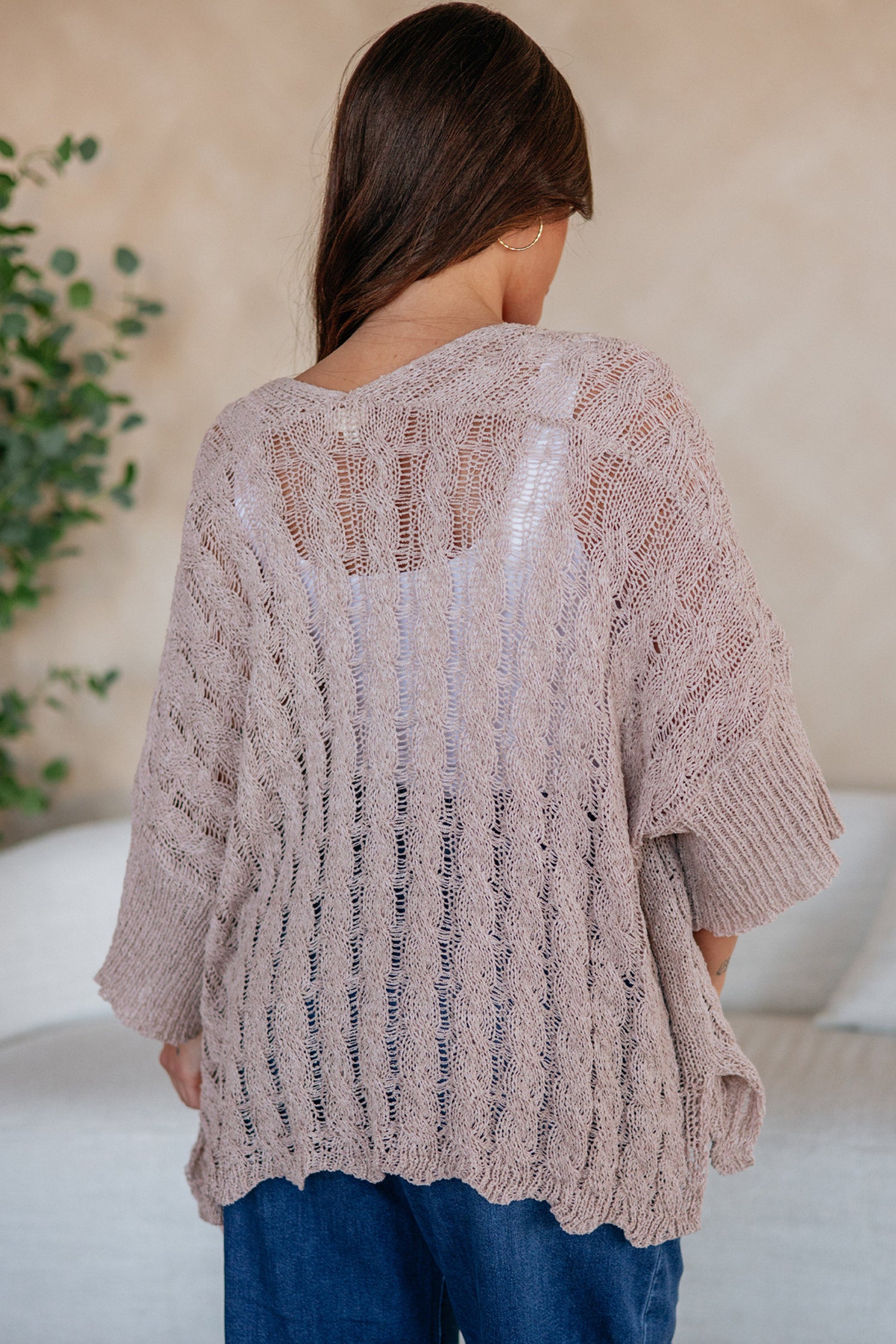 Old Rose Hollowed Pattern Knit Drop Shoulder Open Sweater Cardigan-Sweaters & Cardigans/Cardigans-[Adult]-[Female]-2022 Online Blue Zone Planet