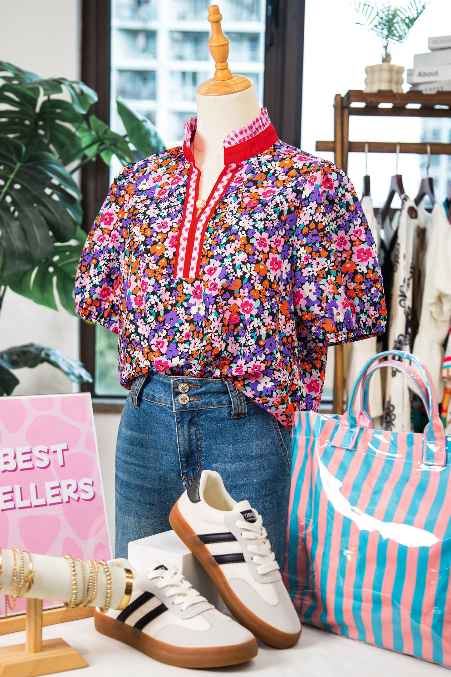 Purple Ditsy Floral Print Plaid Colorblock Trim V Neck Blouse-Tops/Blouses & Shirts-[Adult]-[Female]-2022 Online Blue Zone Planet
