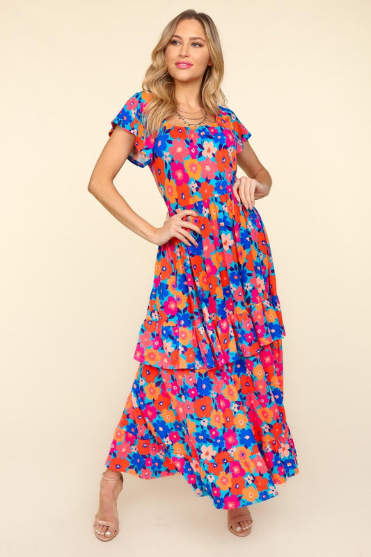 Haptics Floral Maxi Ruffled Dress with Side Pockets-[Adult]-[Female]-Blue/Orange-S-2022 Online Blue Zone Planet