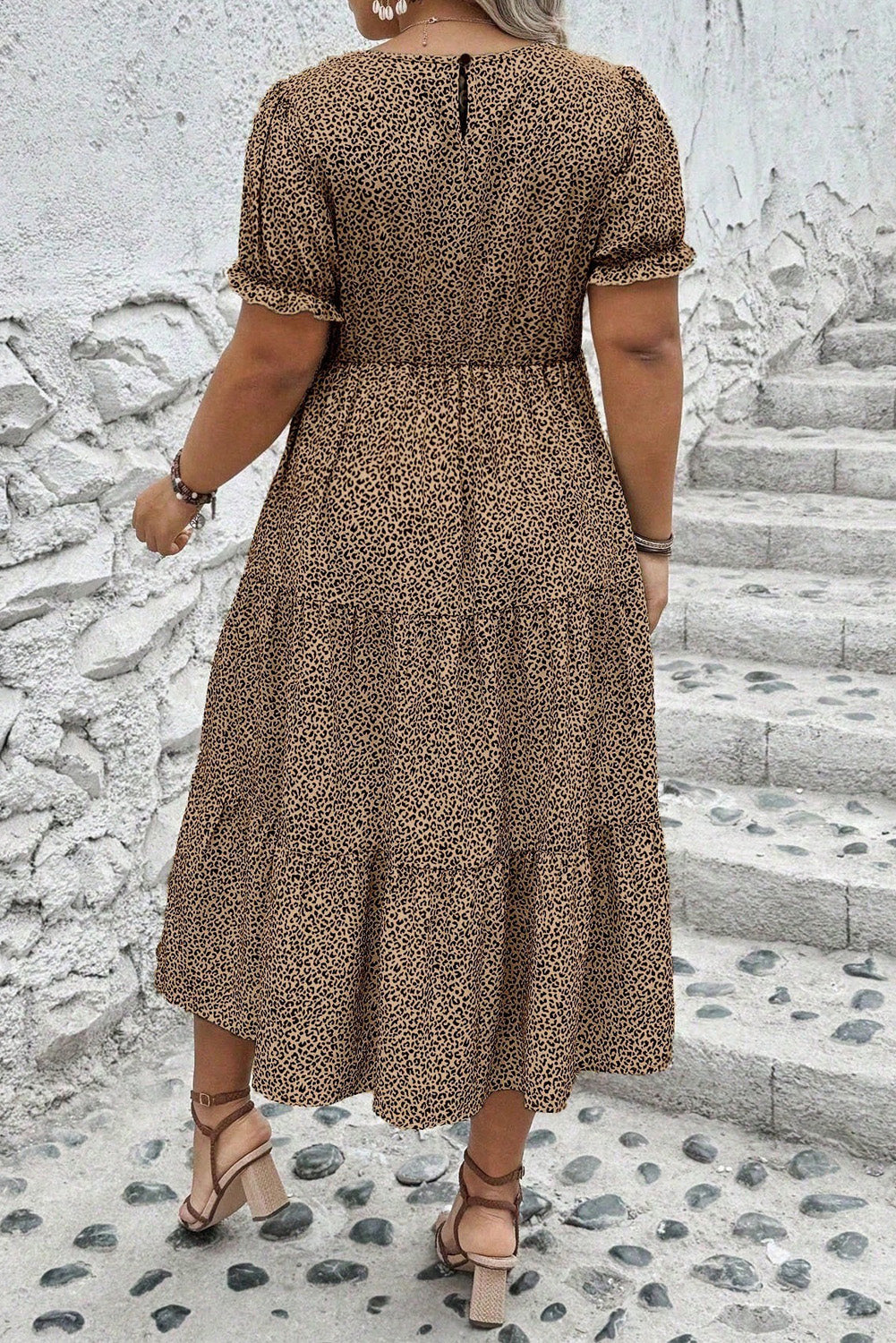 Brown Plus Size Leopard Print Frill Trim Short Sleeve Flared Dress-TOPS / DRESSES-[Adult]-[Female]-2022 Online Blue Zone Planet