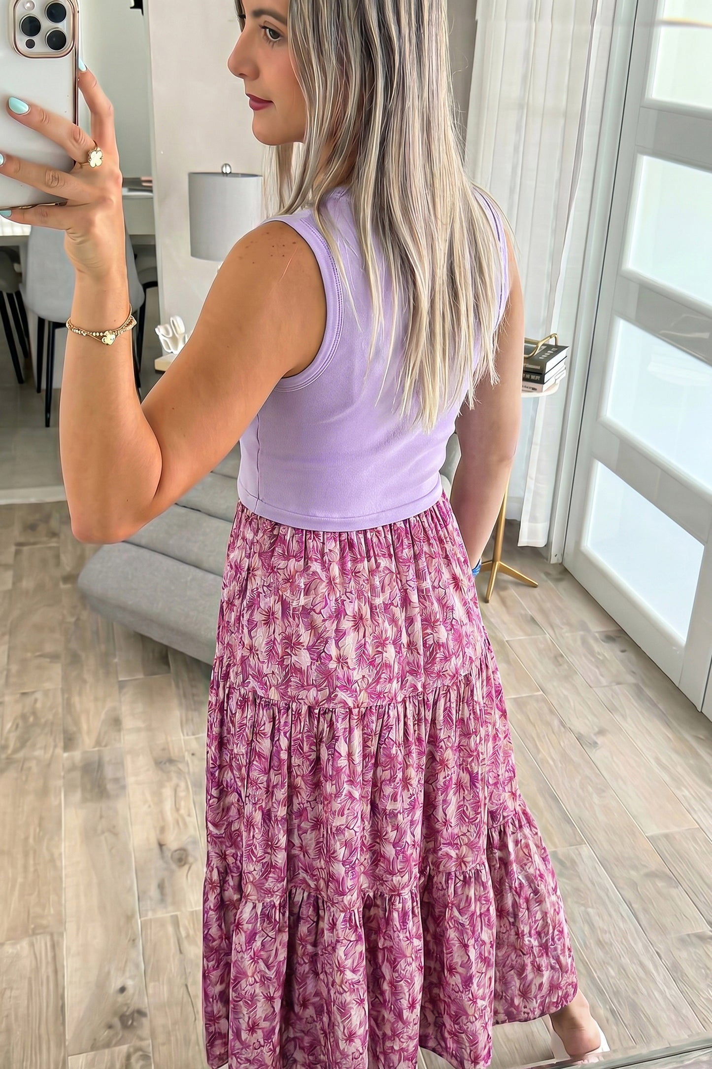Purple Ribbed V Neck Tank Floral Contrast Patchwork Long Dress-TOPS / DRESSES-[Adult]-[Female]-2022 Online Blue Zone Planet