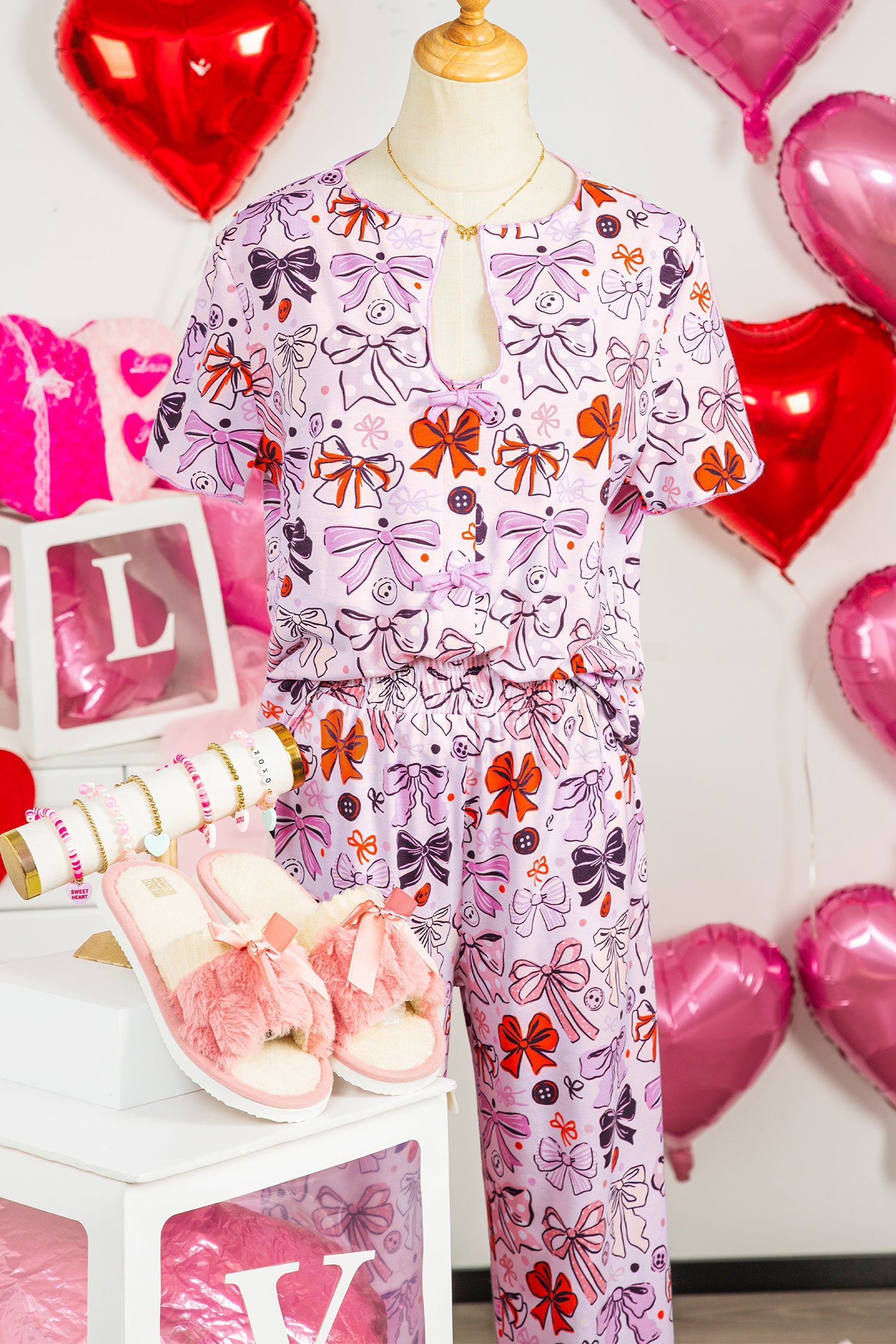 Pink Diverse Bows Buttons Printed Contrast Trim Short Sleeve Shirt Pajama Pant Set-Loungewear & Sleepwear/Sleepwear-[Adult]-[Female]-2022 Online Blue Zone Planet