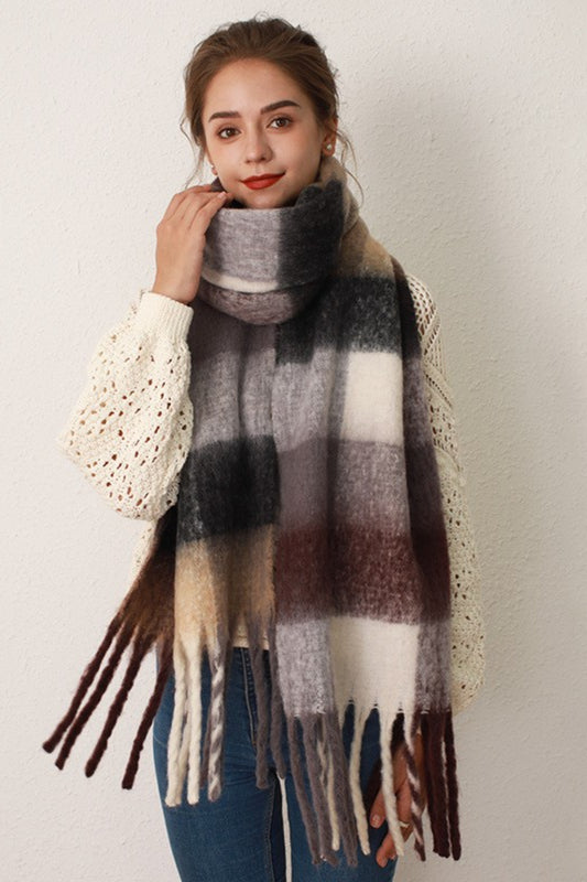 Thermal Fringe Contrast Plaid Scarf-SCARVES-[Adult]-[Female]-Gray/Brown grid-One Size-2022 Online Blue Zone Planet