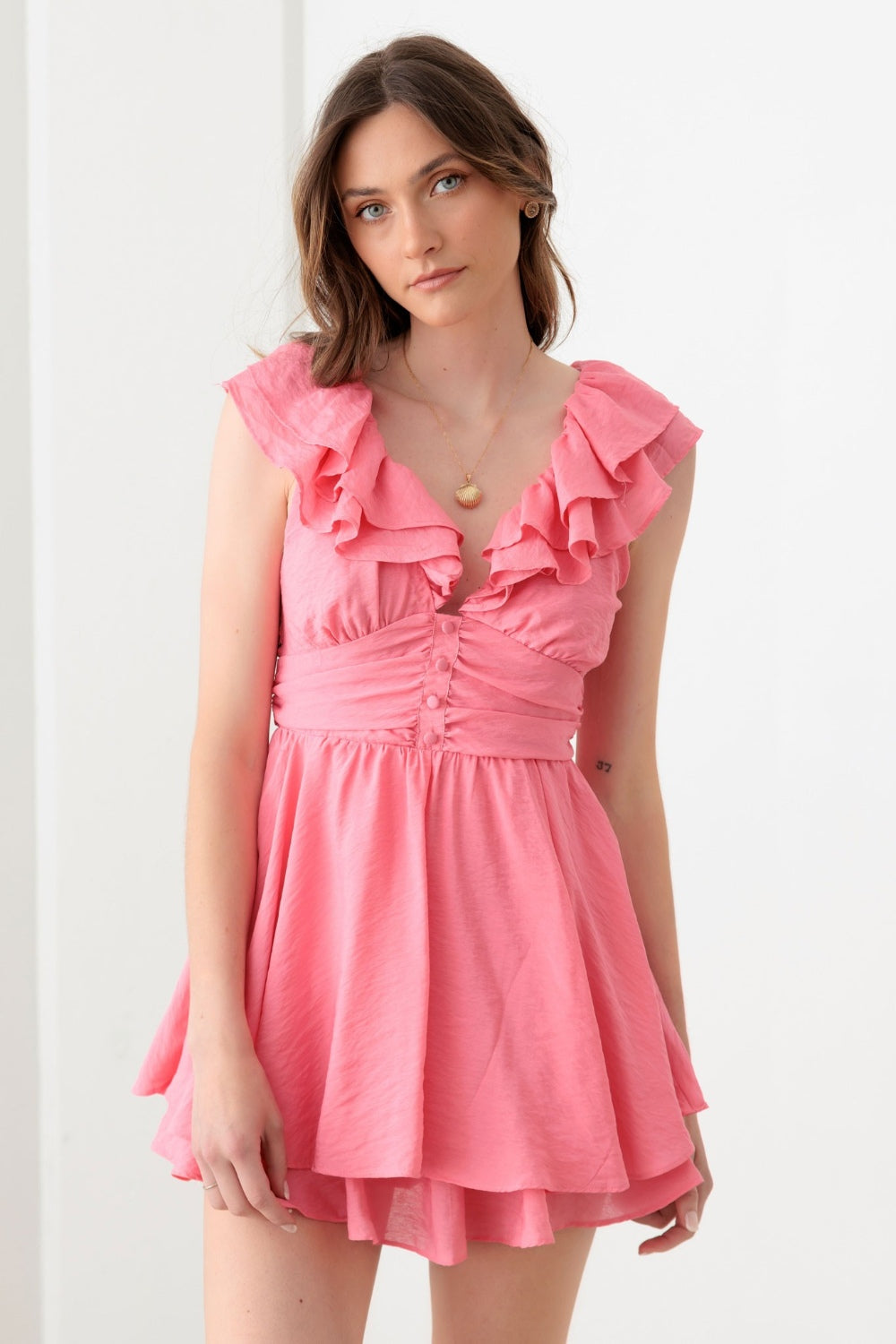 Blue Zone Planet | Mustard Seed Tie Back Front Button Ruffled Romper-TOPS / DRESSES-[Adult]-[Female]-Doll Pink-S-2022 Online Blue Zone Planet