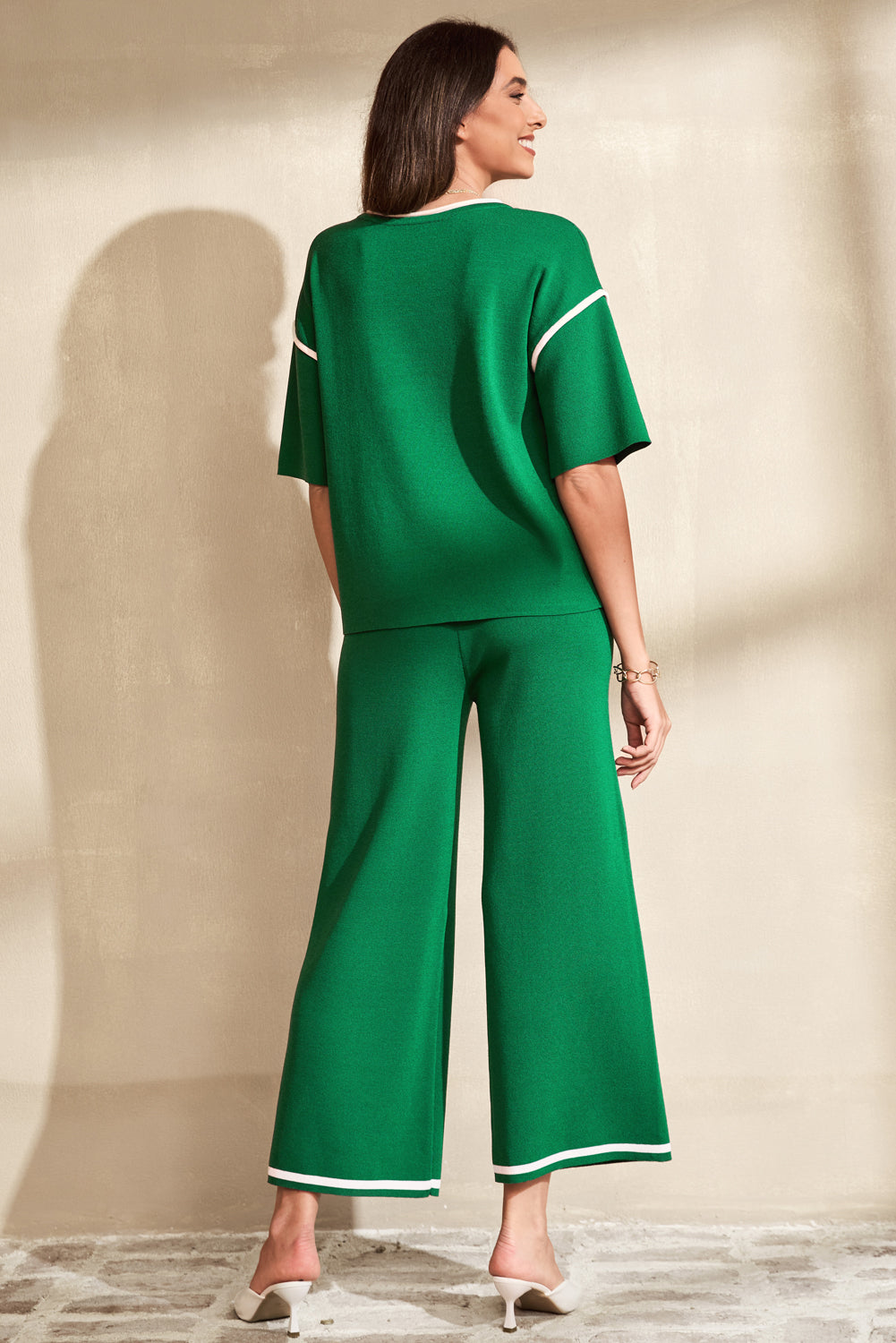 Blackish Green Contrast Trim Half Sleeve Top Drawstring Pants Loose 2pcs Sweater Suit-TOPS / DRESSES-[Adult]-[Female]-2022 Online Blue Zone Planet