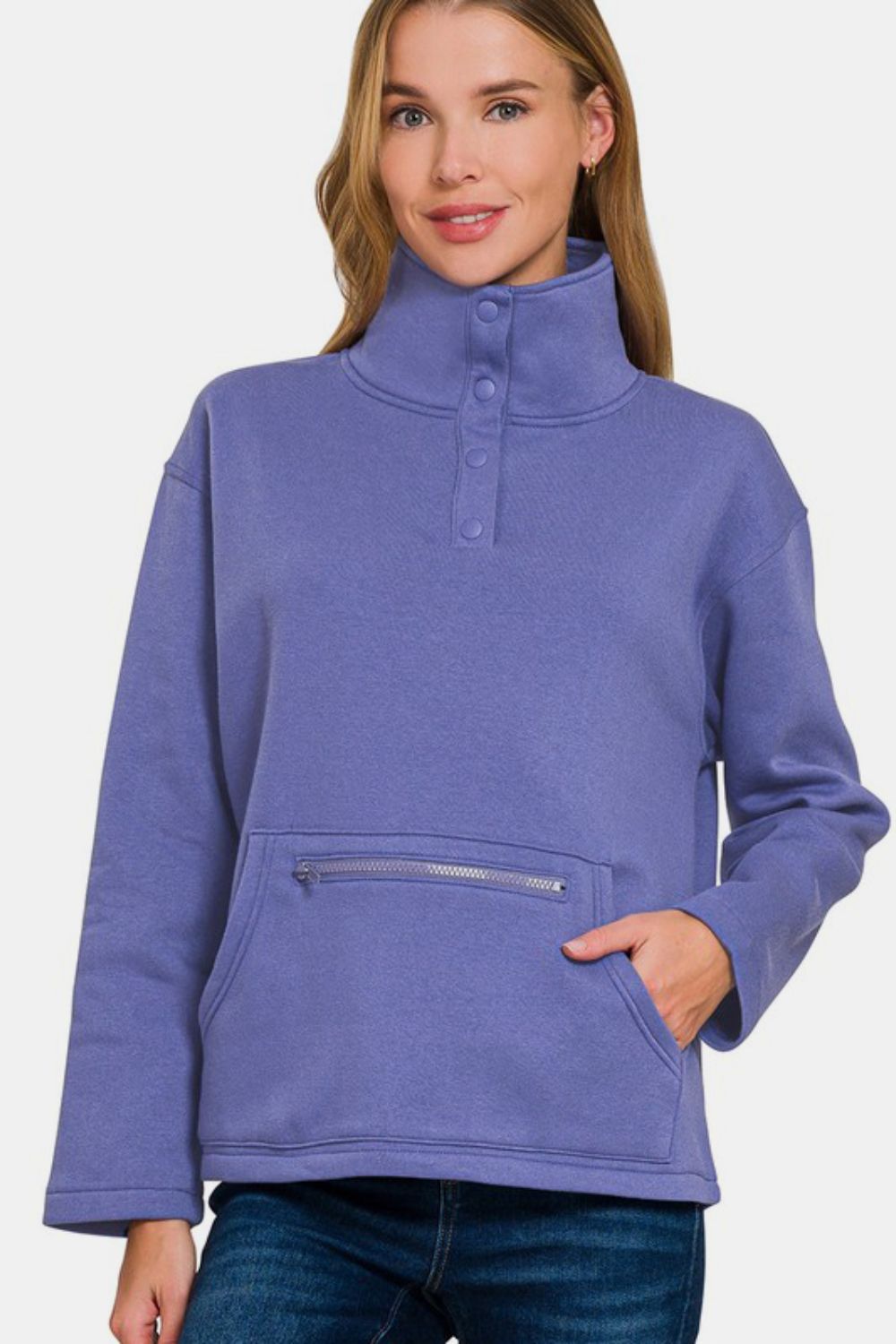 Zenana Turtleneck Half Snap Fleece Sweatshirt-TOPS / DRESSES-[Adult]-[Female]-Blue Purple-S-2022 Online Blue Zone Planet