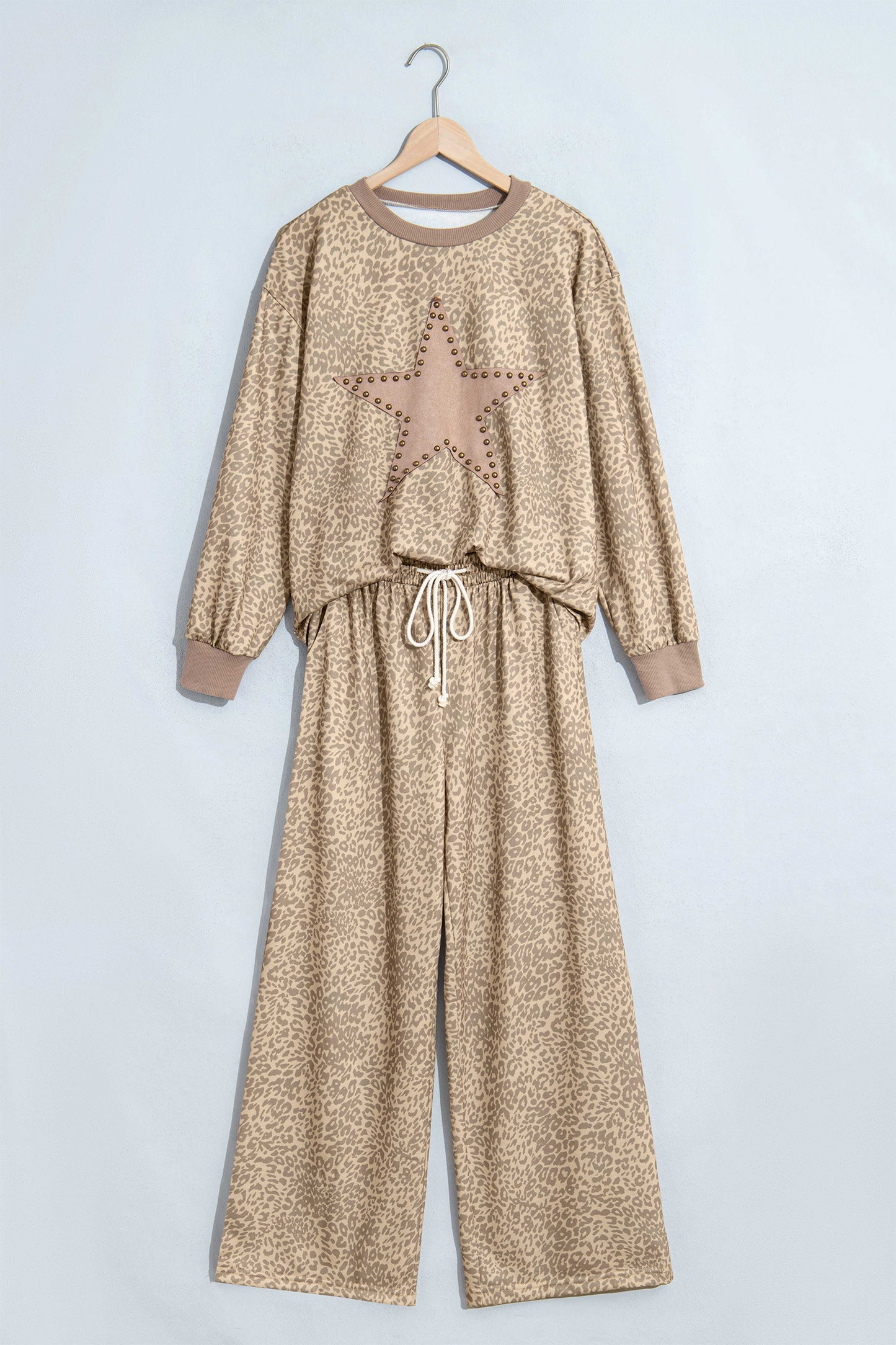Khaki Leopard Star Print Long Sleeve Loose Casual Two Piece Pants Set-Two Piece Sets/Pant Sets-[Adult]-[Female]-2022 Online Blue Zone Planet